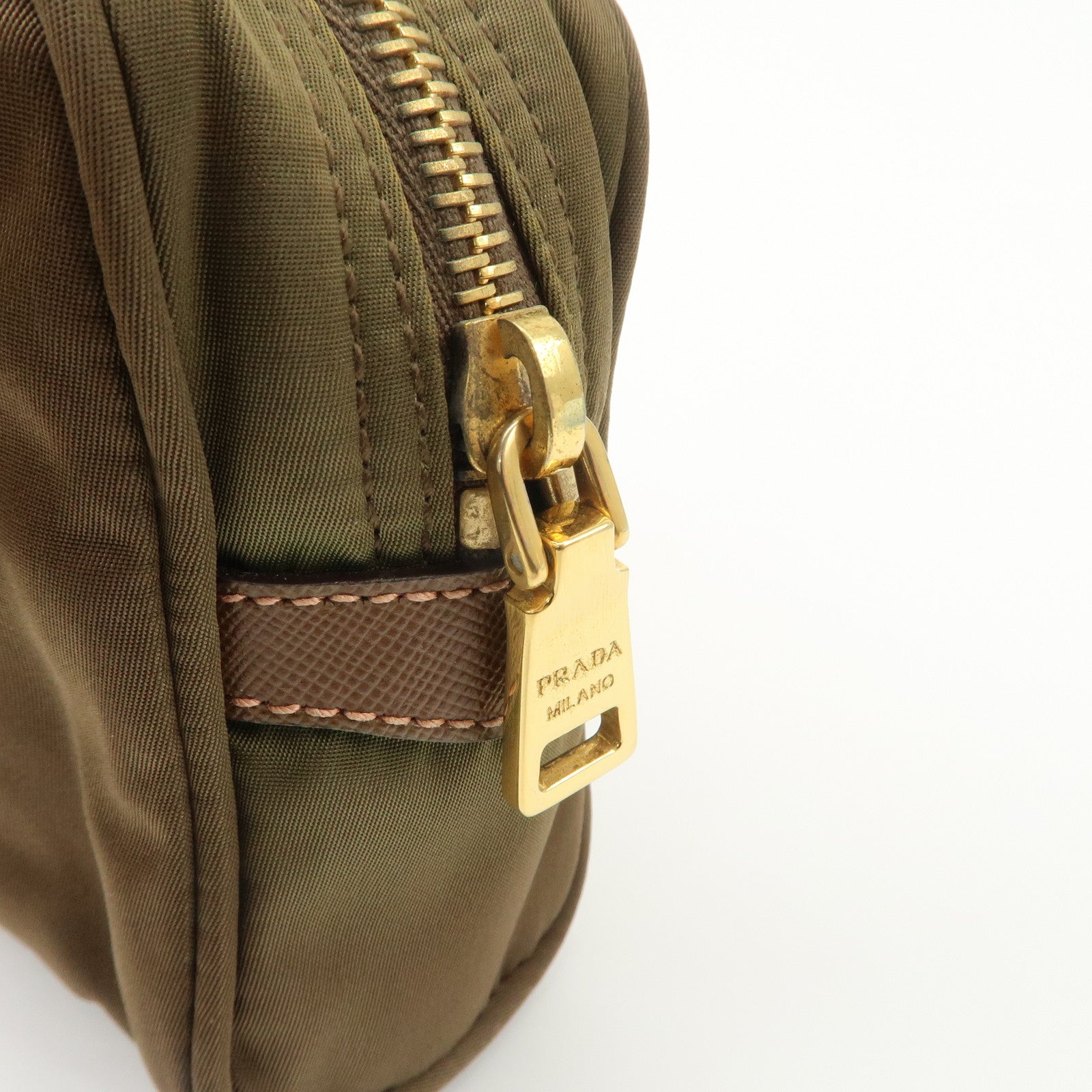 PRADA Set of 2 Leather Nylon Pouch Cosmetic Pouch Gray Khaki Used