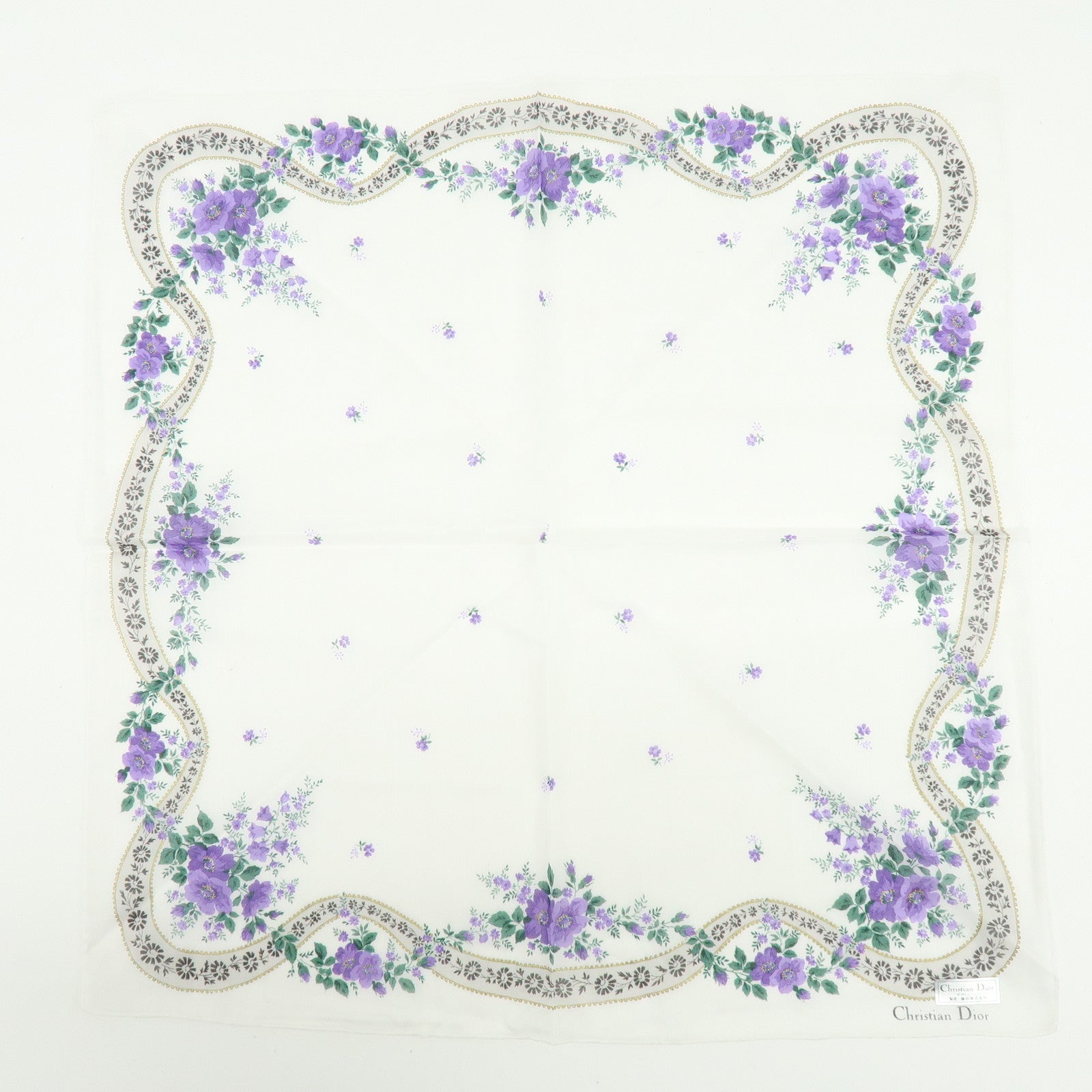 Christian Dior Set of 3 Cotton Handkerchief Flower White Purple