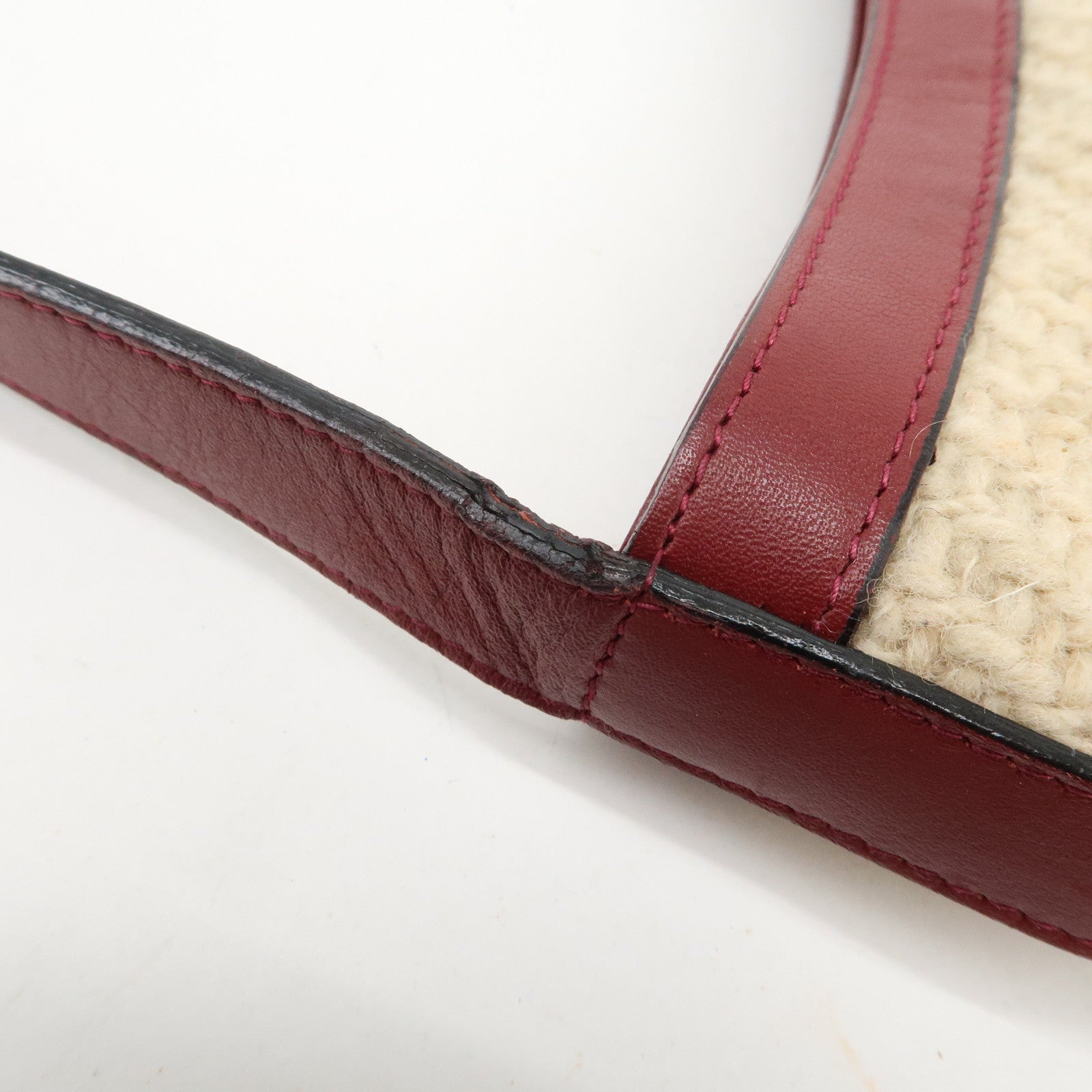 BURBERRY Wool Leather Hand Bag Plaid Wine Red Beige