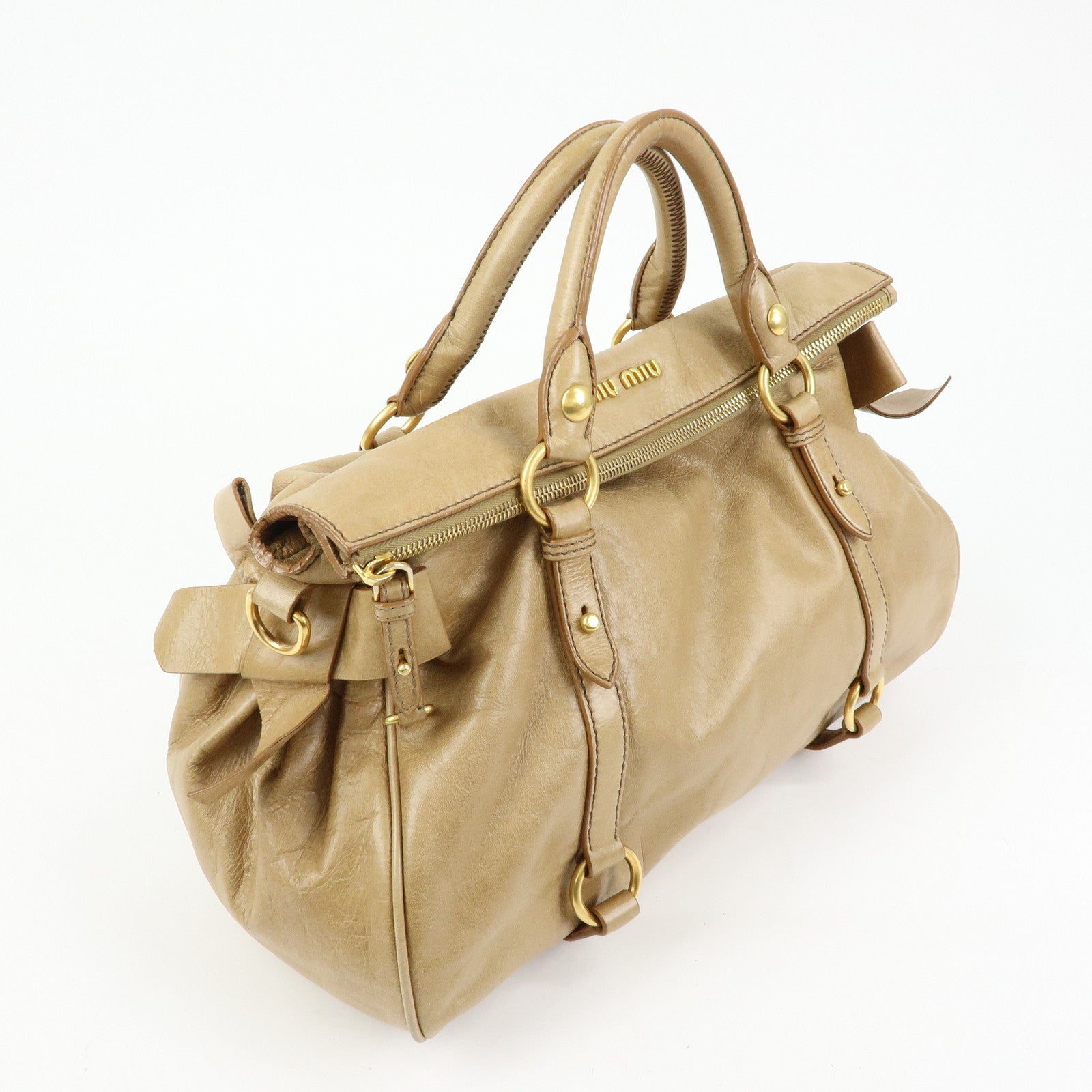 MIU MIU Leather 2Way Bag Hand Bag Shoulder Bag Beige RT0438