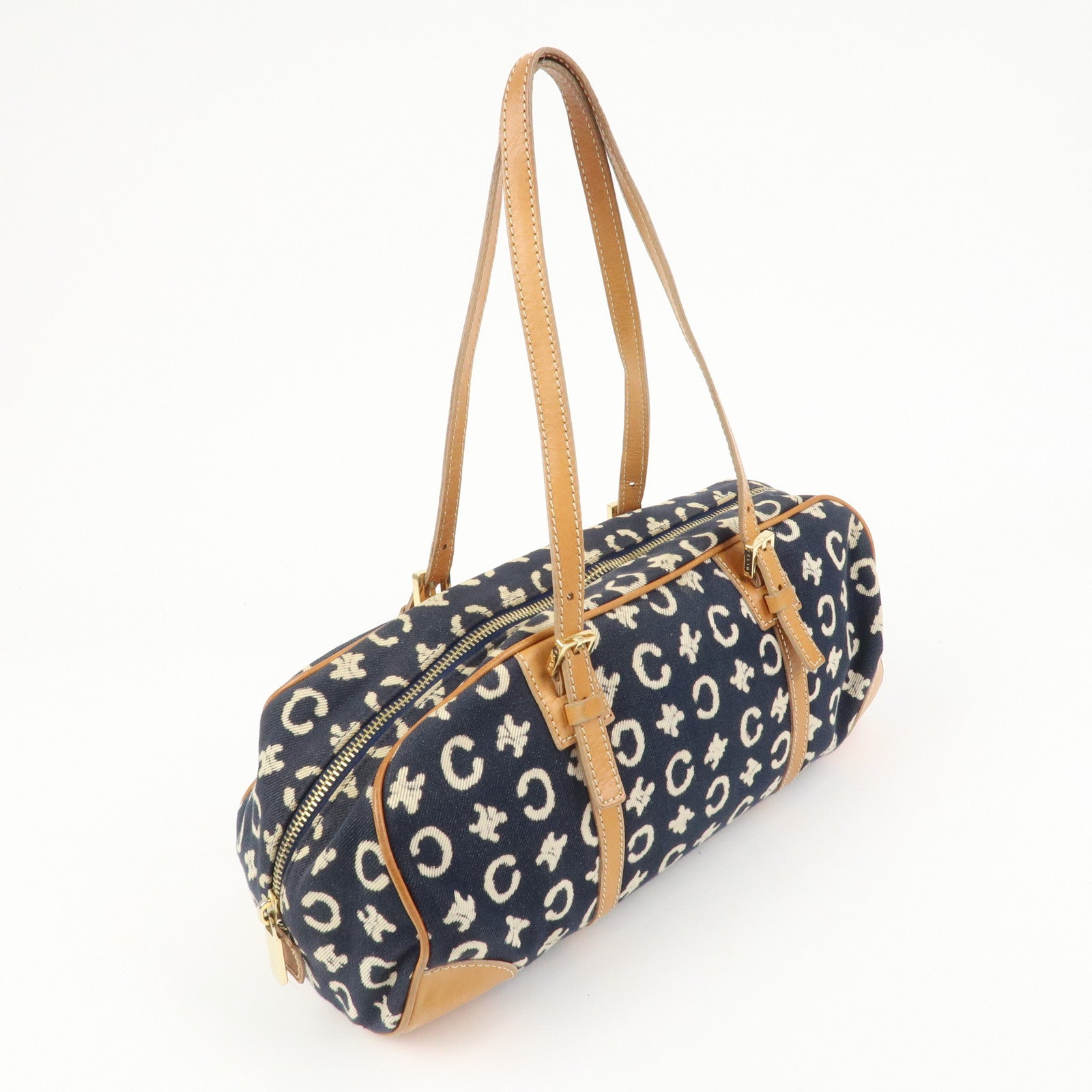 CELINE C Macadam Canvas Leather Shoulder Bag Hand Bag Navy