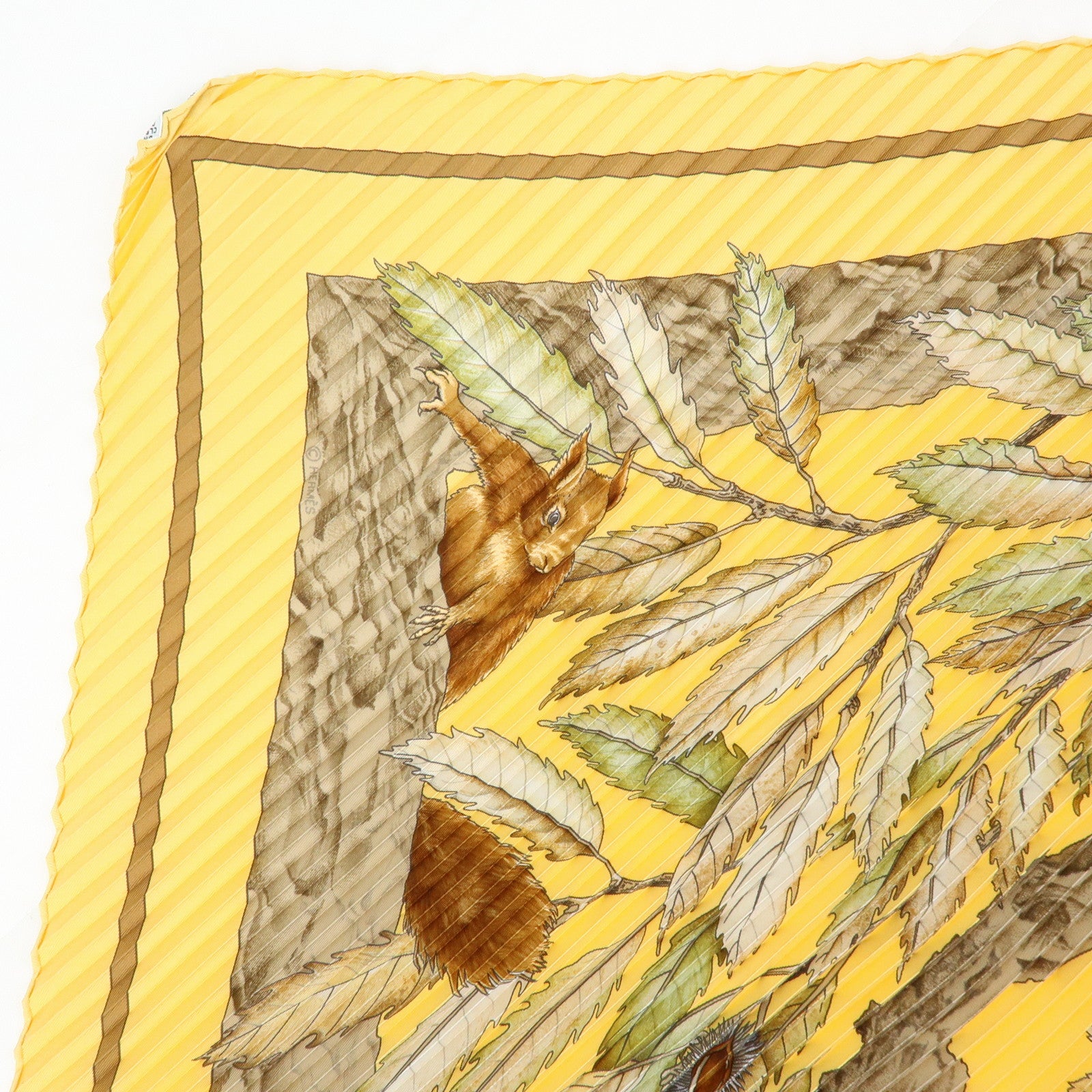 HERMES Pleated Carre 90 Silk 100% Scarf CASSE NOISETTE Orange