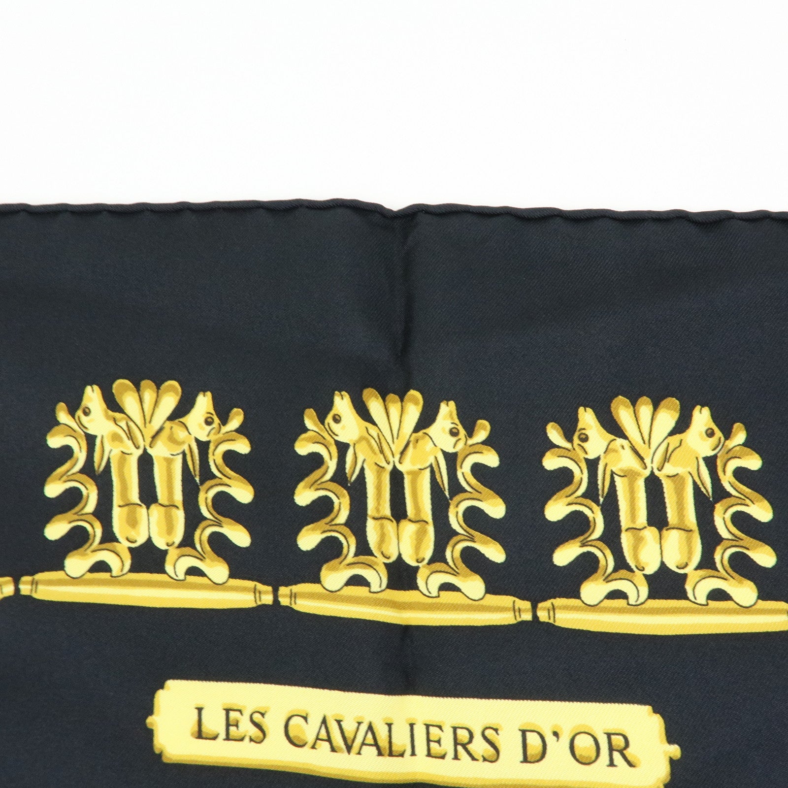 HERMES Carre 90 Silk 100% Scarf LES CAVALIERS D'OR Black Gold
