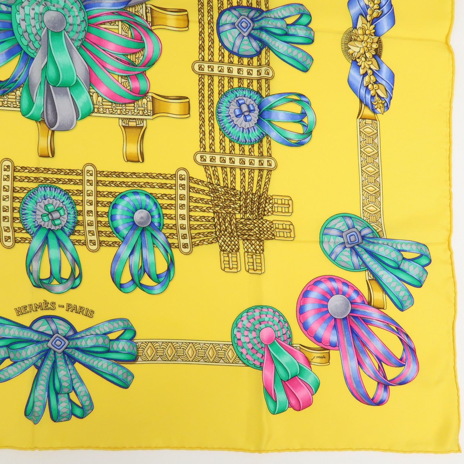 Hermes Carre 90 Silk 100% Scarf LES RUBANS DU CHEVAL Yellow