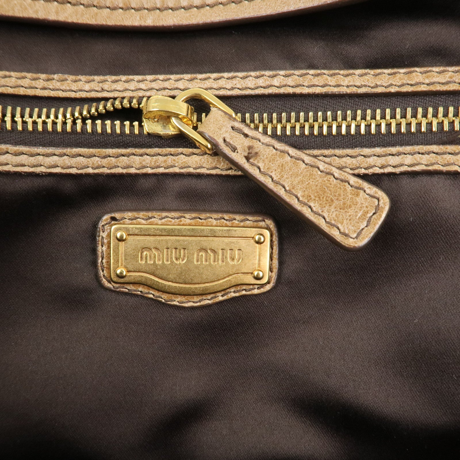 MIU MIU Logo Leather Hand Bag Boston Bag Light Brown