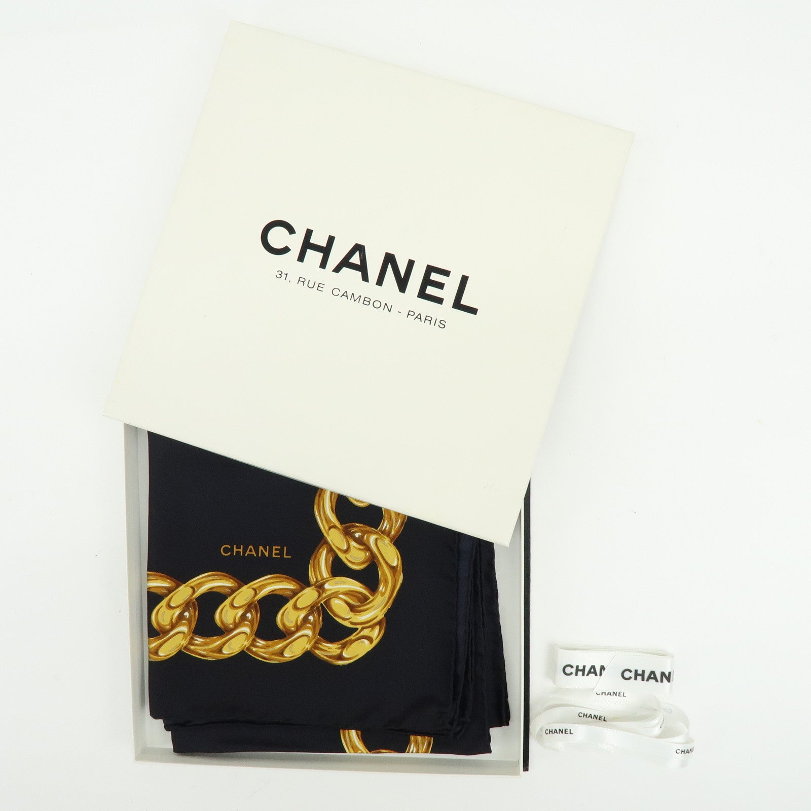 CHANEL COCO Mark Silk 100% Scarf Camellia Black Gold