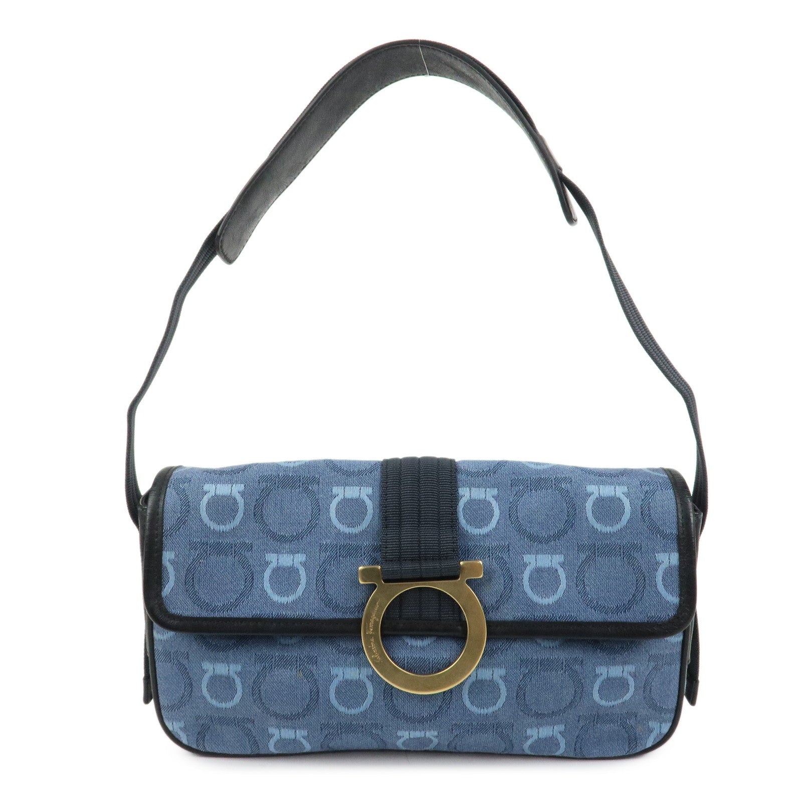 Ferragamo Gancini Canvas Leather Shoulder Bag Blue Black