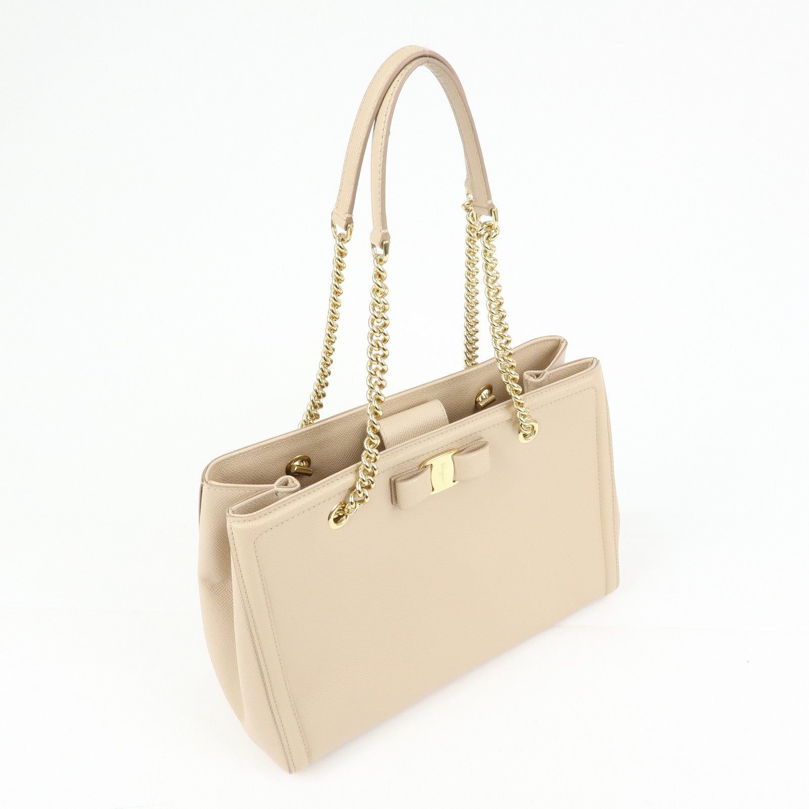 Ferragamo Vara Ribbon Leather Tote Bag Hand Bag Pink Beige