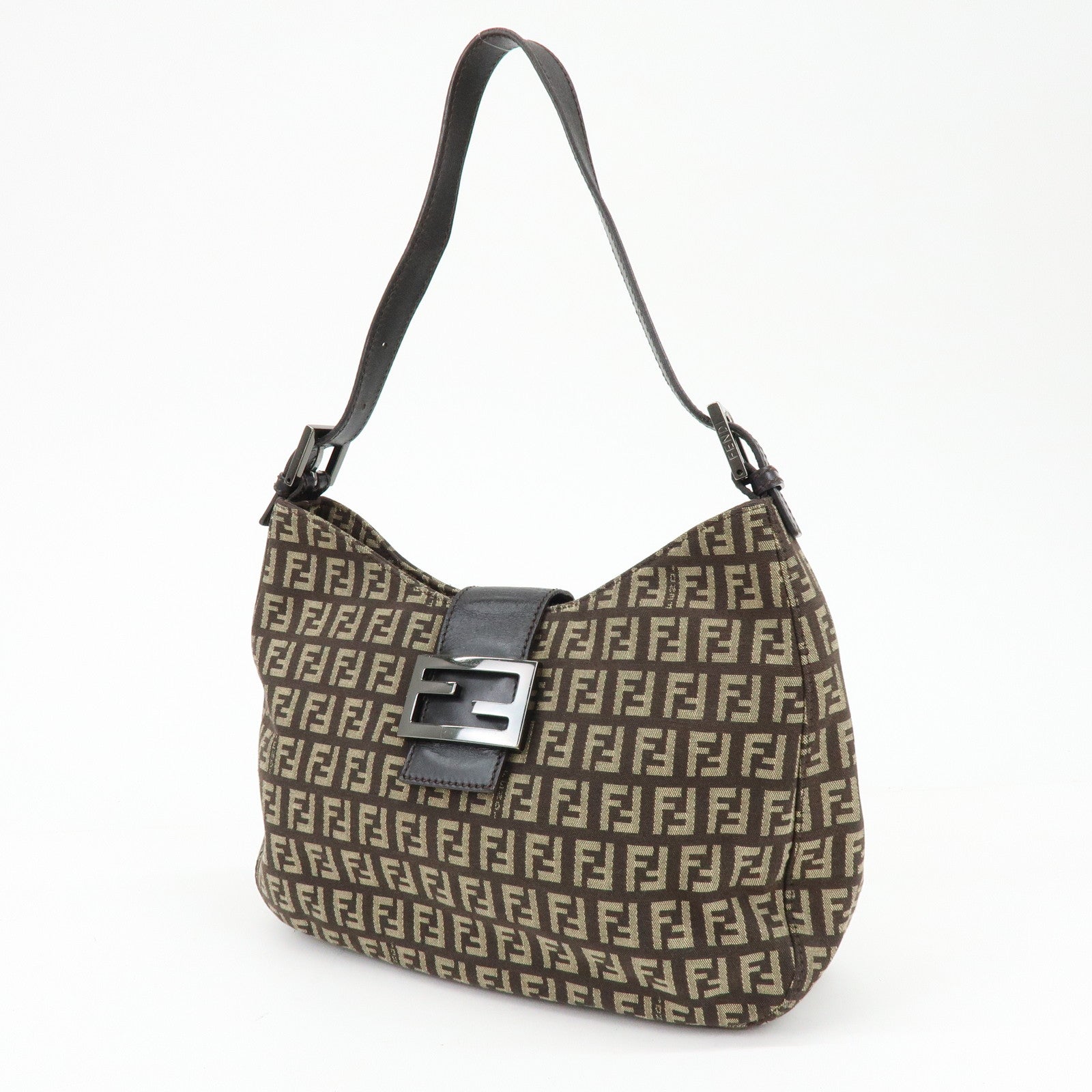 FENDI Zucchino Canvas Leather Shoulder Bag Brown 8BR036