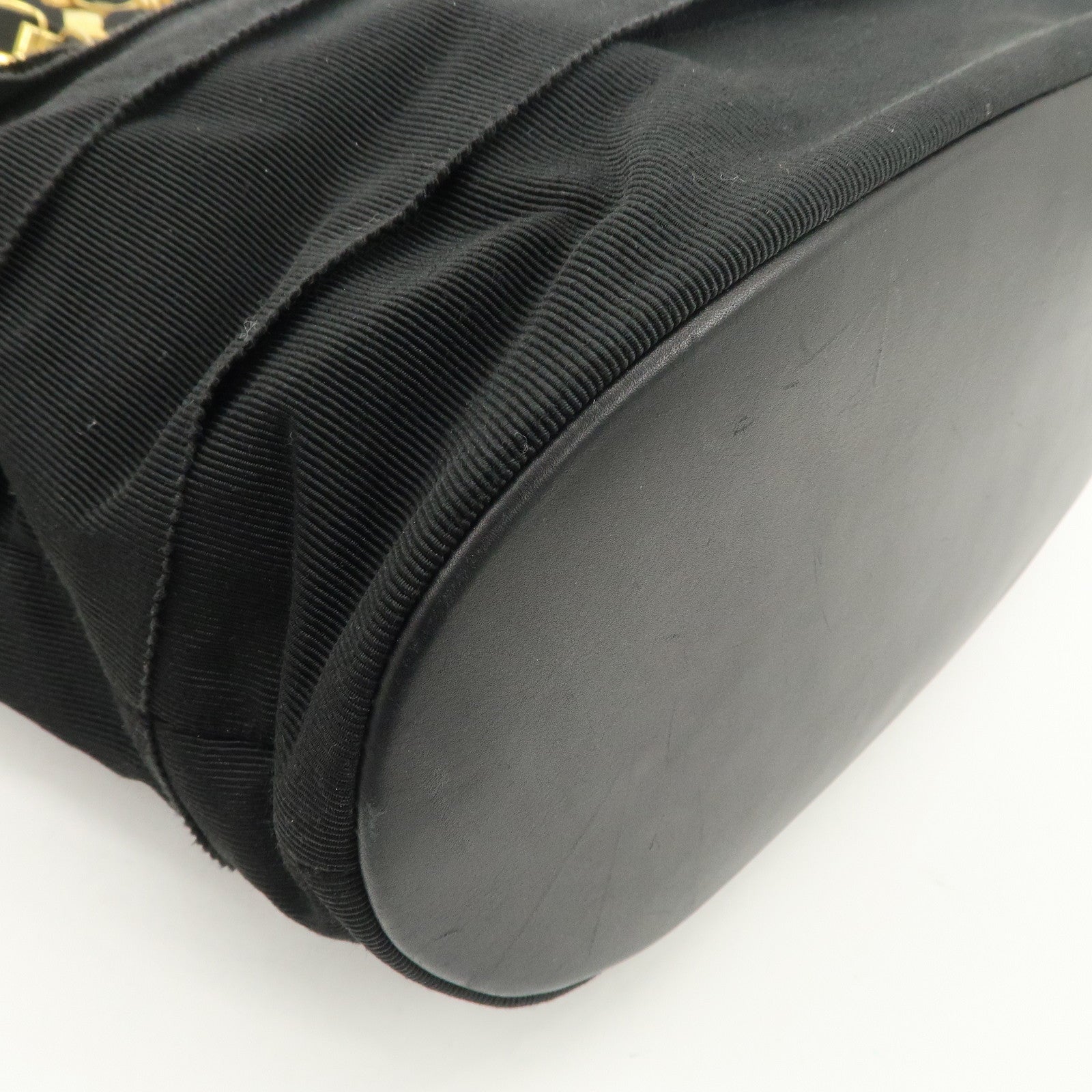 Ferragamo Leather Canvas Chain Tote Bag Hand Bag Black Gold Hardware Used