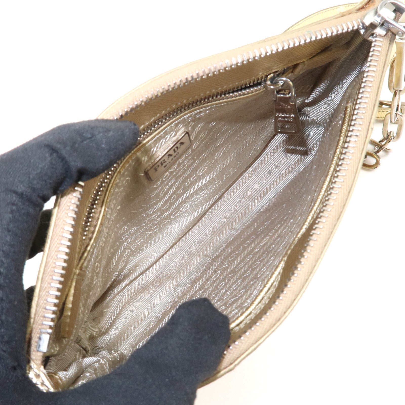 PRADA Logo Leather Crossbody Chain Shoulder Bag Gold BT947C