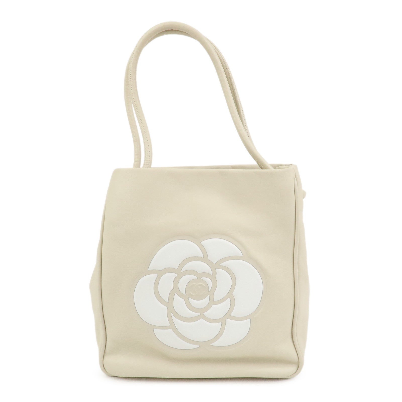 CHANEL Camelia Lambskin Hand Bag Tote Bag Ivory A20856