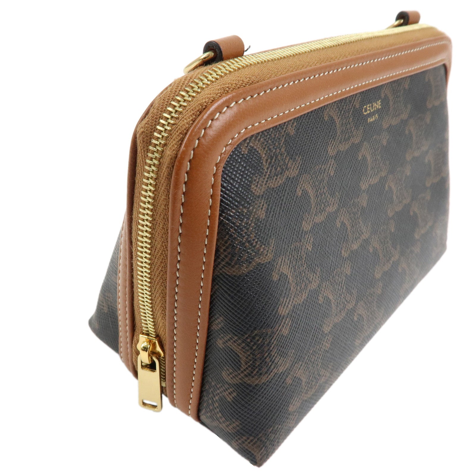 CELINE Triomphe Canvas Lamb Skin Chain Shoulder Bag Tan