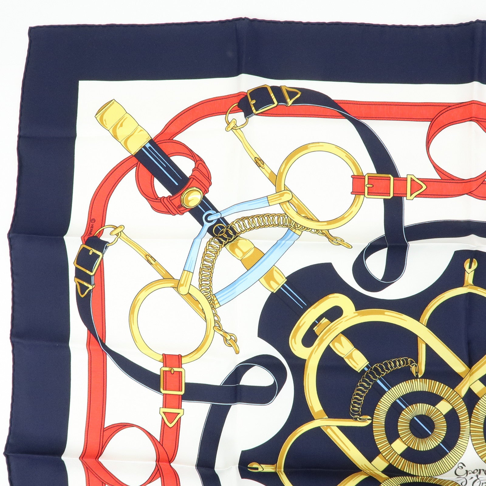 HERMES Carre 90 Silk 100% Scarf Eperon d'or Navy White Yellow Red