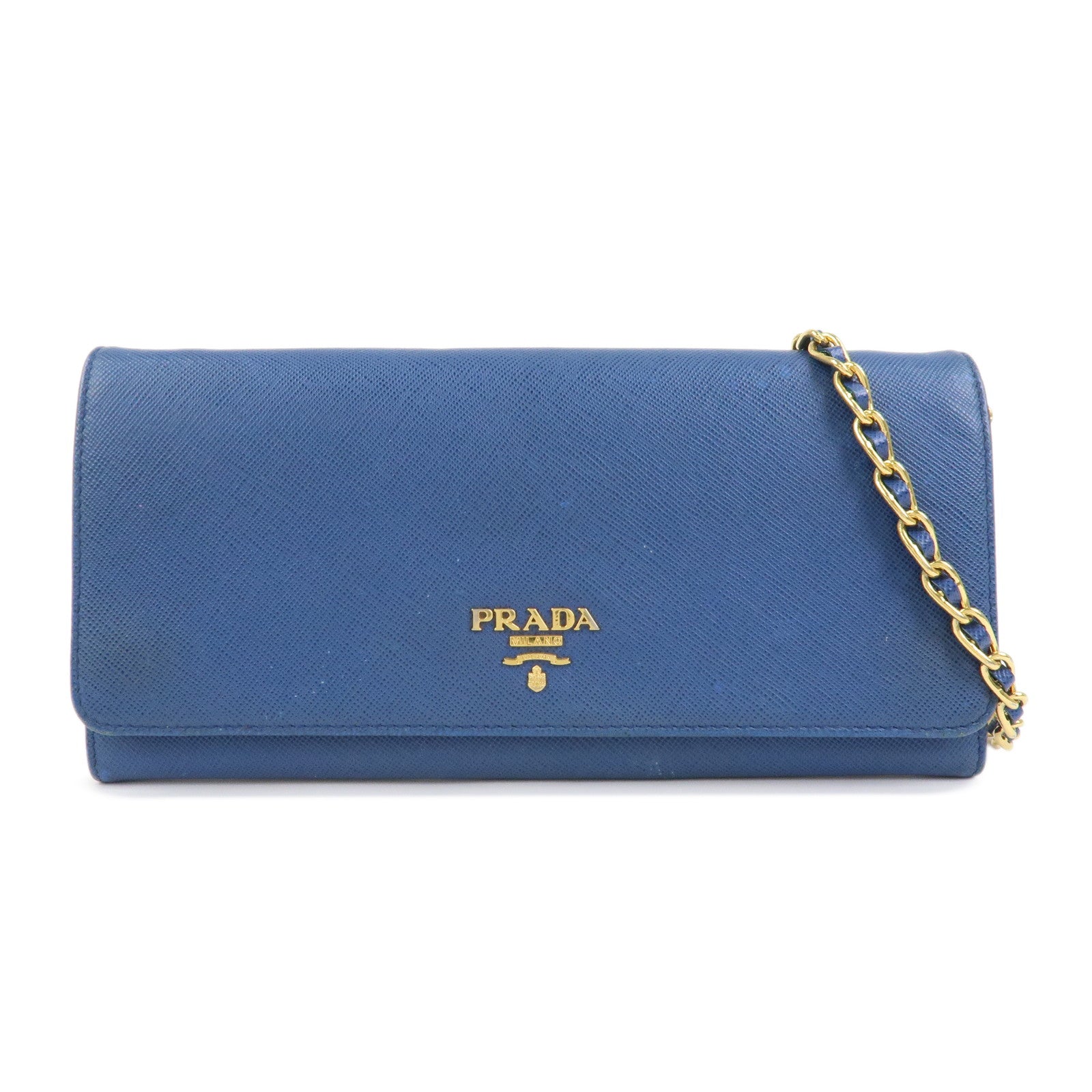 PRADA Logo Saffiano Leather Chain Shoulder Wallet WOC Blue 1M1290