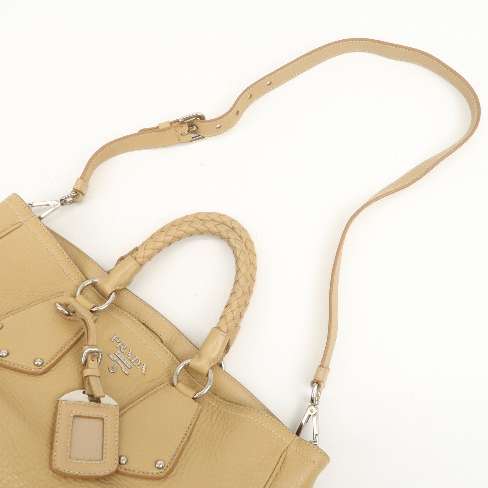 PRADA Logo Leather 2Way Bag Hand Bag Shoulder Bag Beige BN1364
