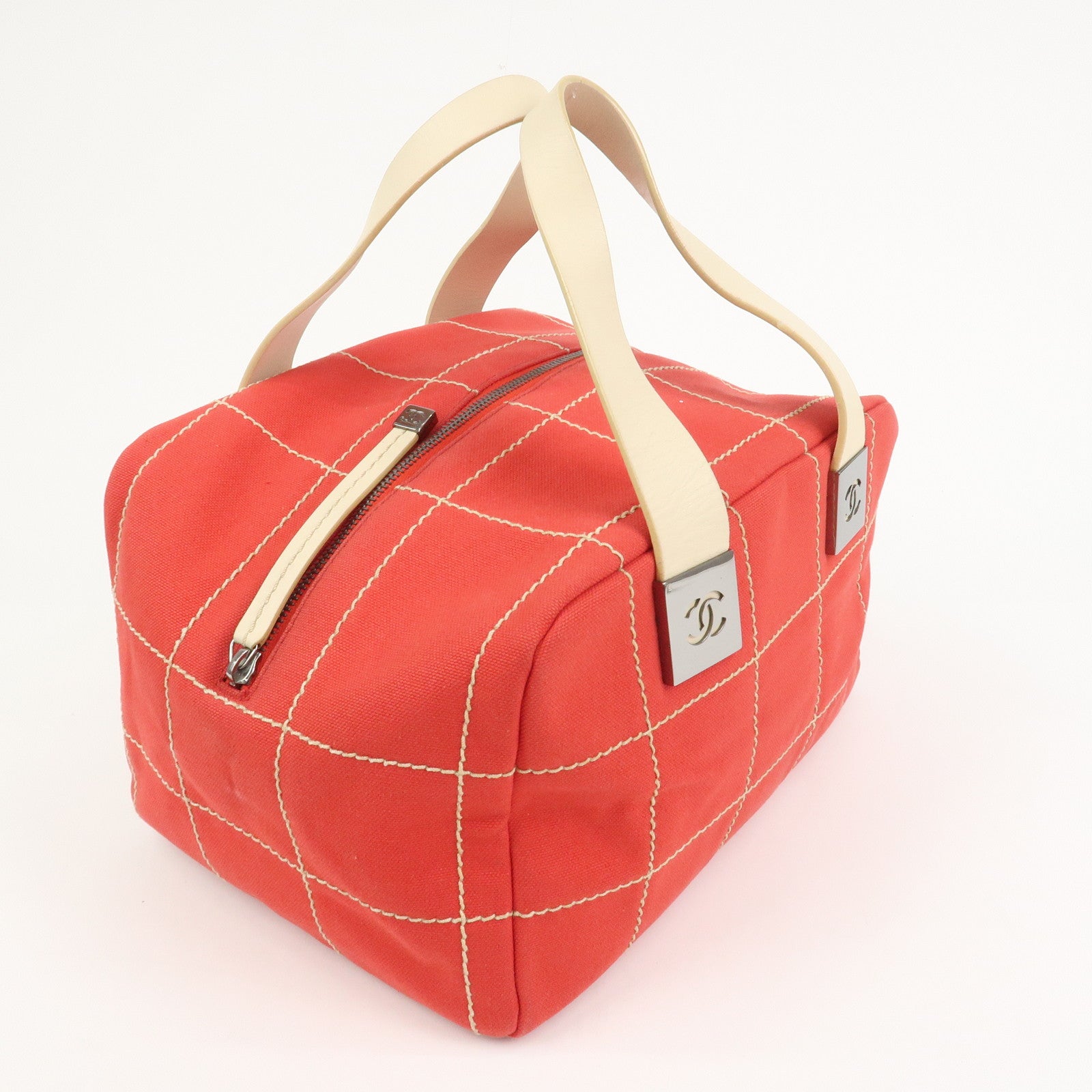 CHANEL Chocolate Bar COCO Mark Canvas Leather Hand Bag Red