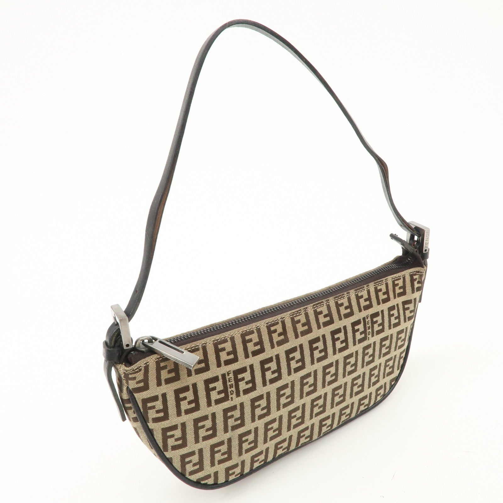 FENDI Zucchino Canvas Leather Shoulder Bag Brown Beige 8BR133 Used