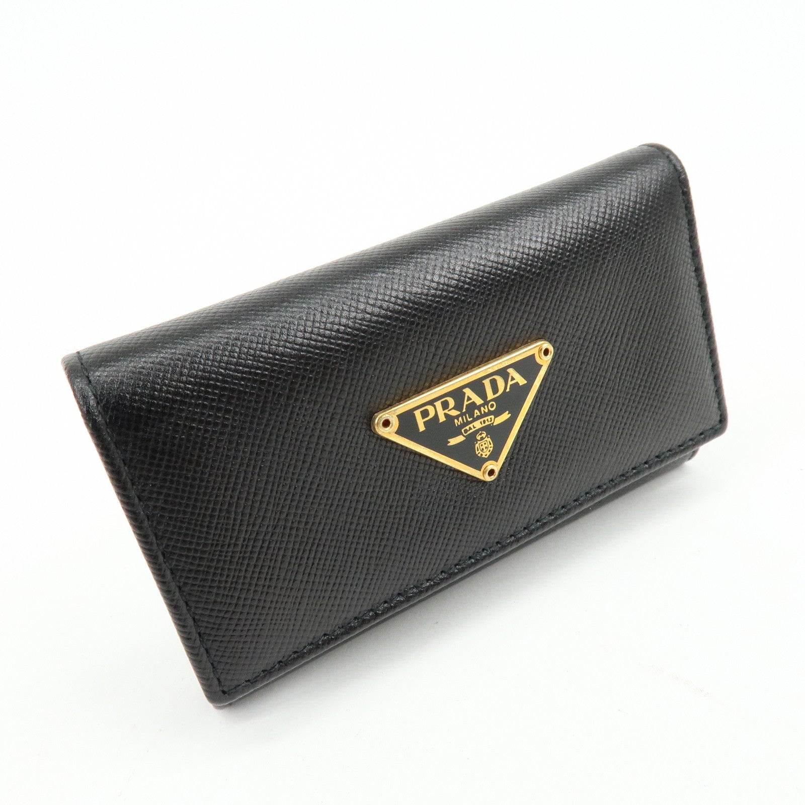 PRADA Triangle Logo Saffiano Leather 6 Rings Key Case Black 1M0222