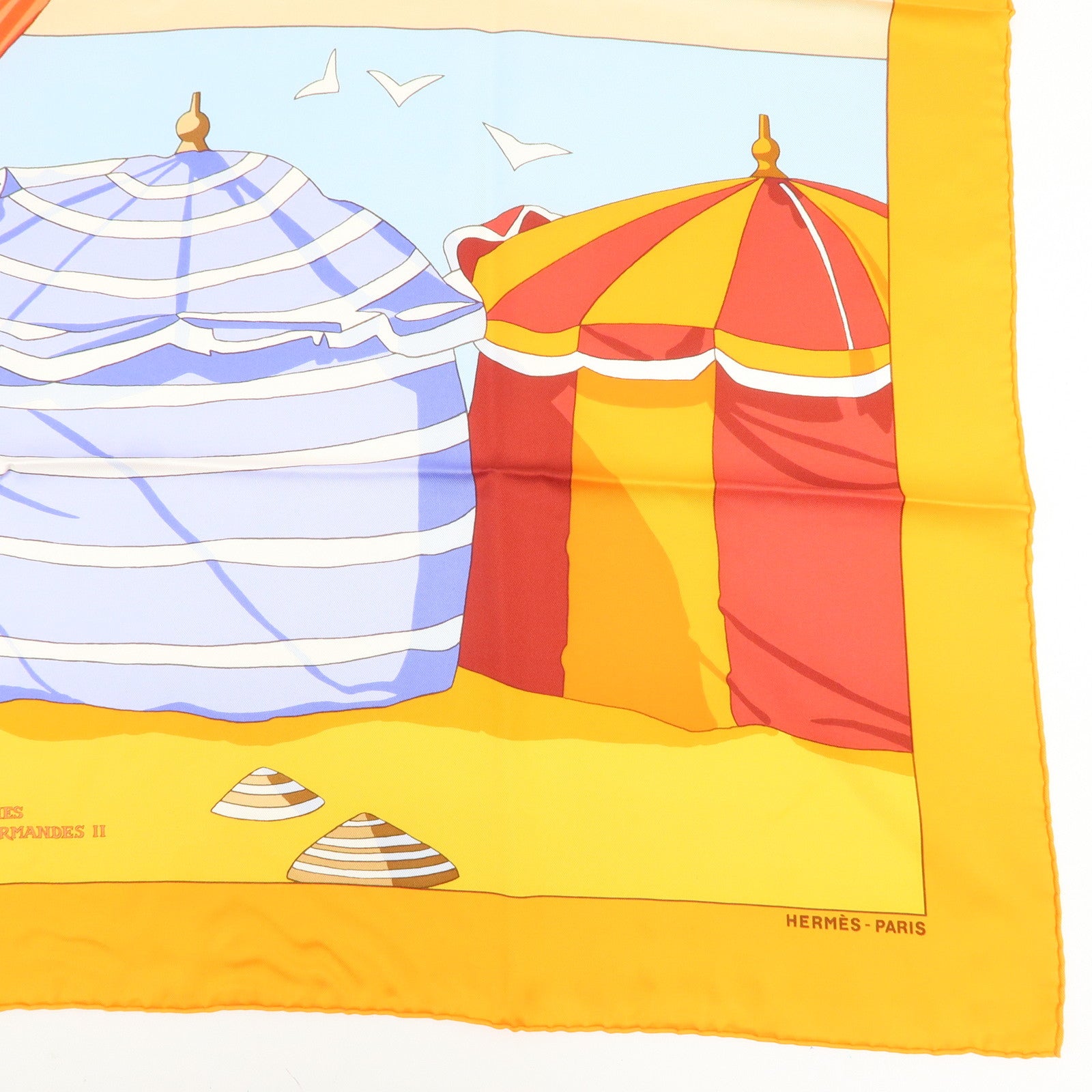 HERMES Carre 90 Silk 100% DES PLAGES NORMANDES2 Scarf Orange