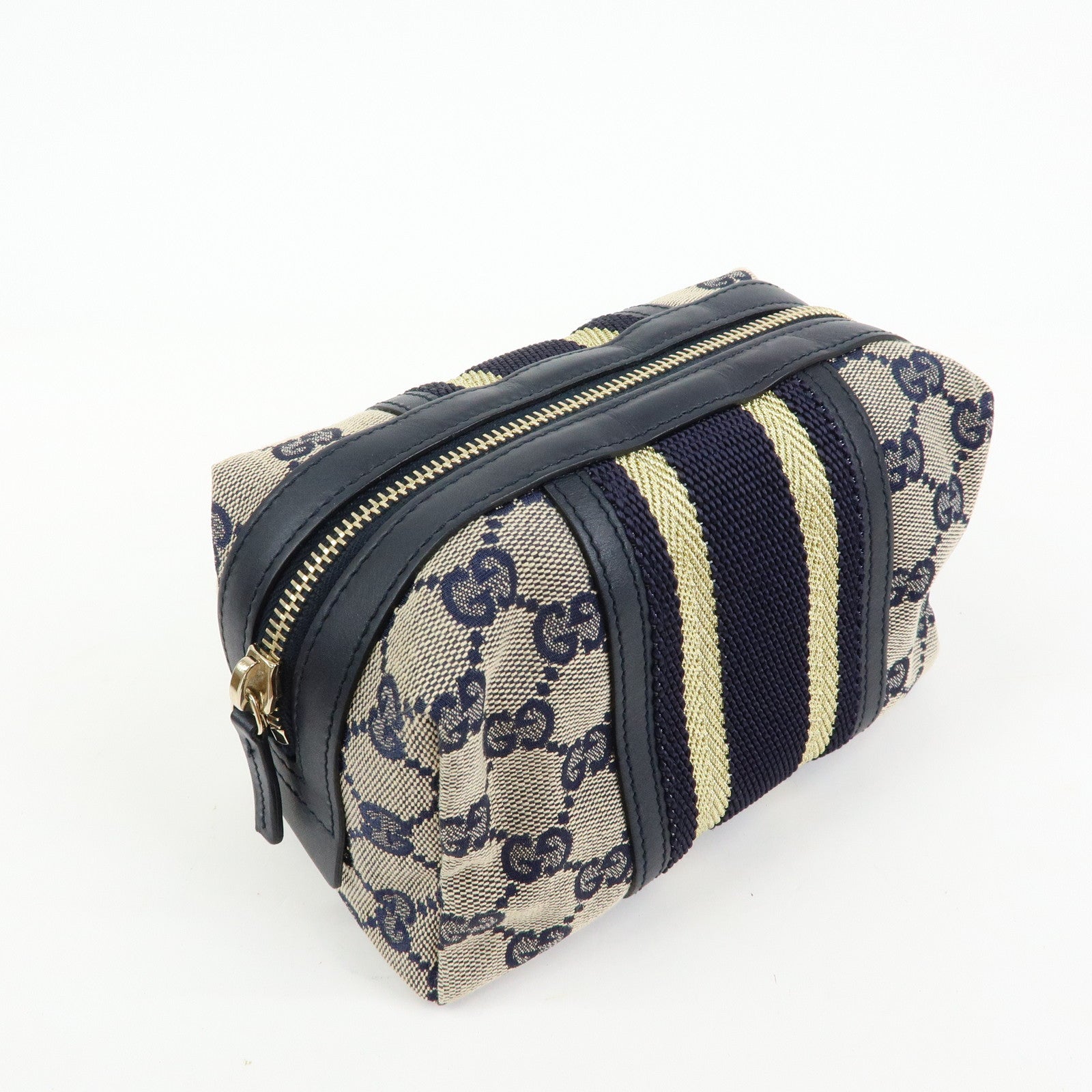 GUCCI Sherry GG Canvas Leather Cosmetic Pouch Navy 256636