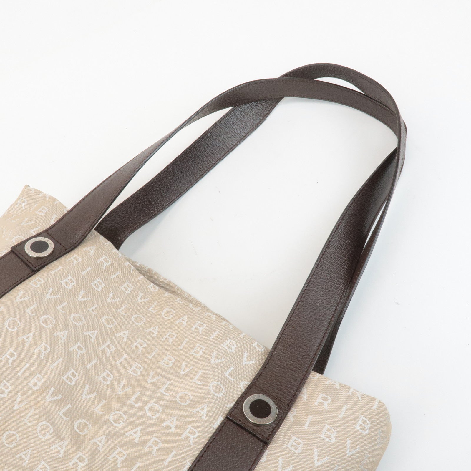 BVLGARI Logomania Canvas Leather Tote Bag Shoulder Bag Beige Dark Brown Used