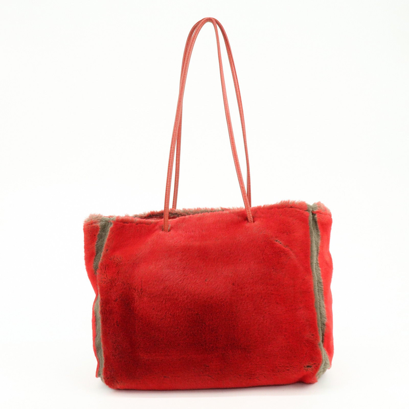 FENDI Fur Leather Tote Bag Hand Bag Shoulder Bag Red 321262900069