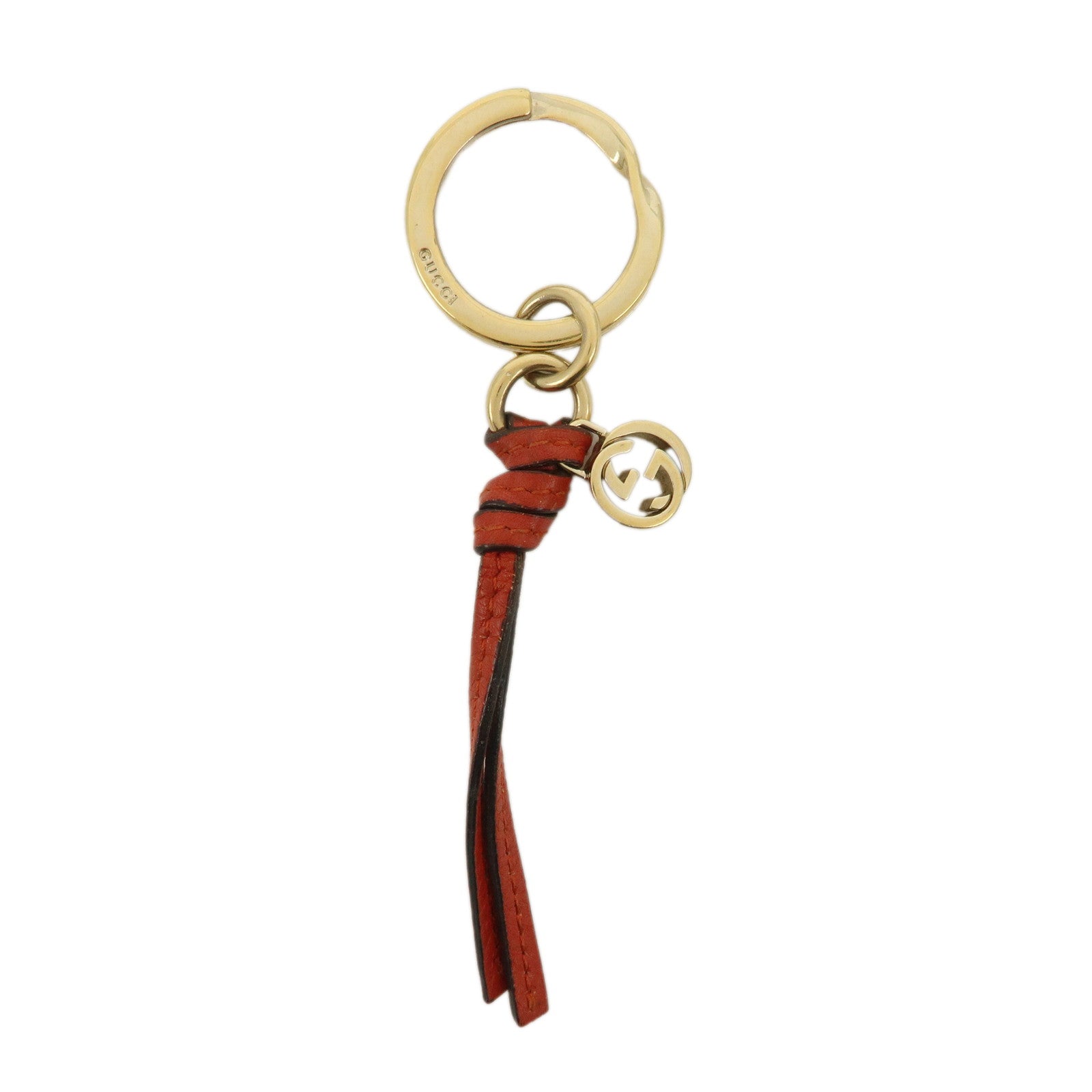 GUCCI Interlocking G Leather Metal Bag Charm Key Chain Orange Gold