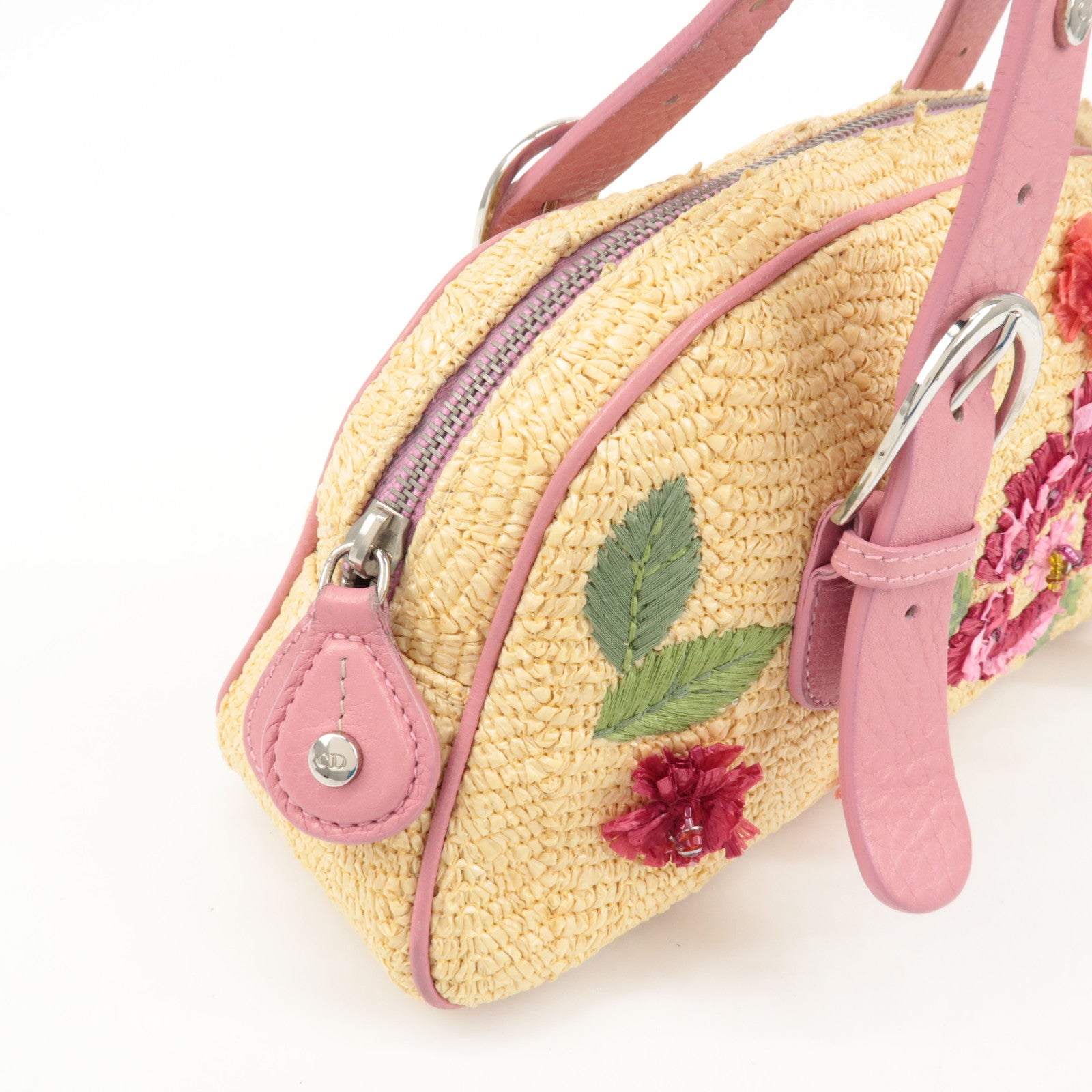 Christian Dior Leather Raffia Straw Hand Bag Pink Natural Used