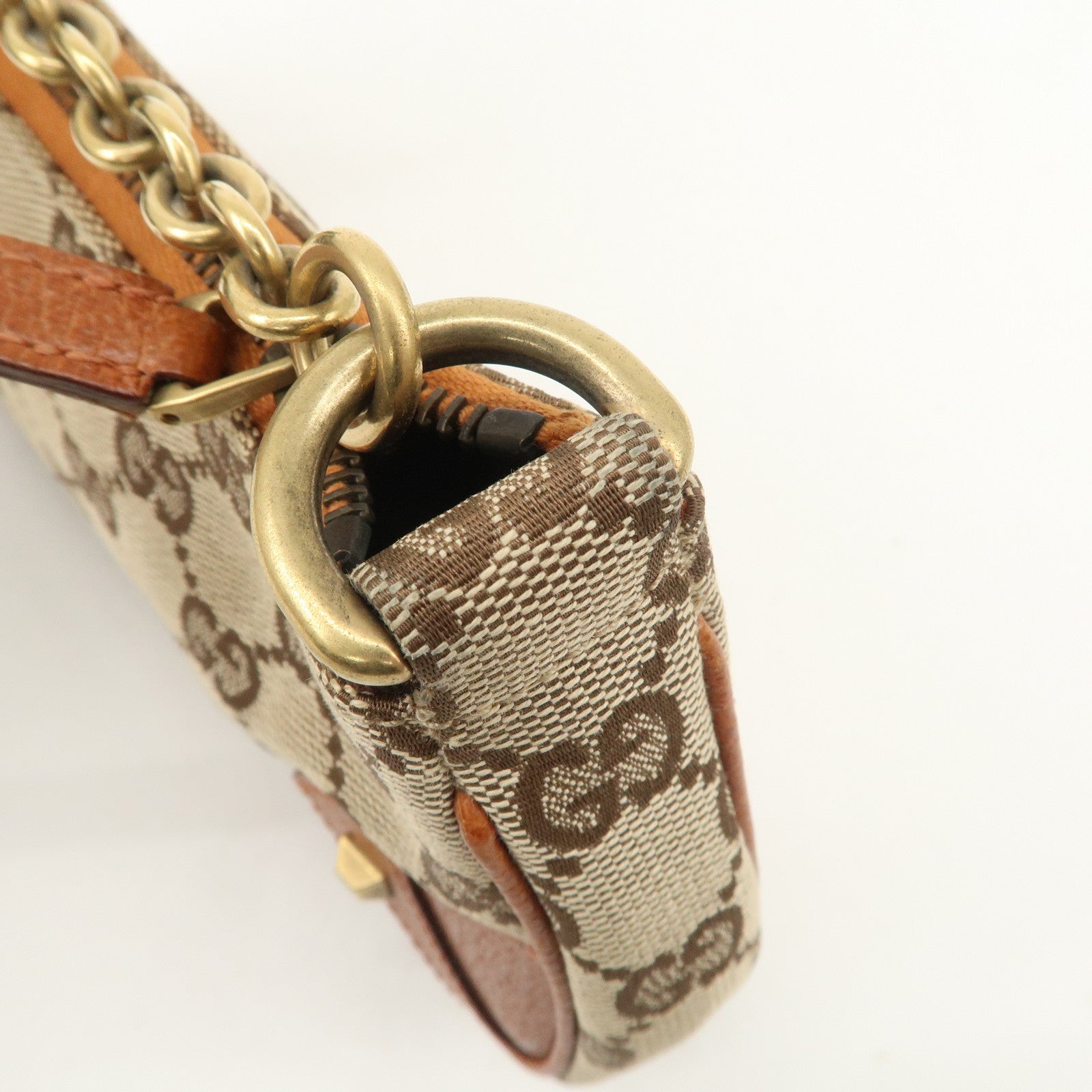GUCCI GG Canvas Leather Chain Hand Bag Pouch Beige Brown 120940 Used