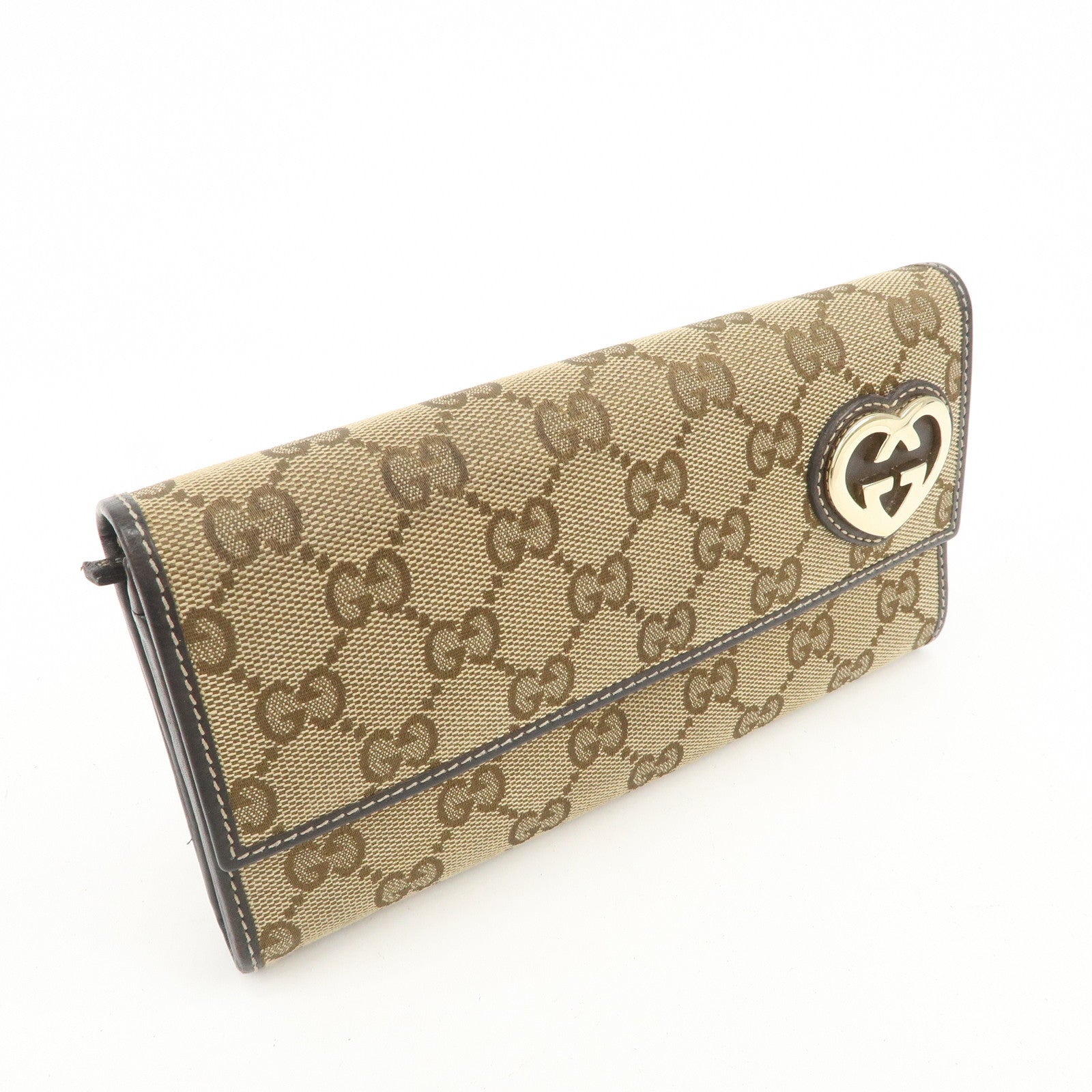 GUCCI Lovely Heart GG Canvas Leather Long Wallet Brown 251861
