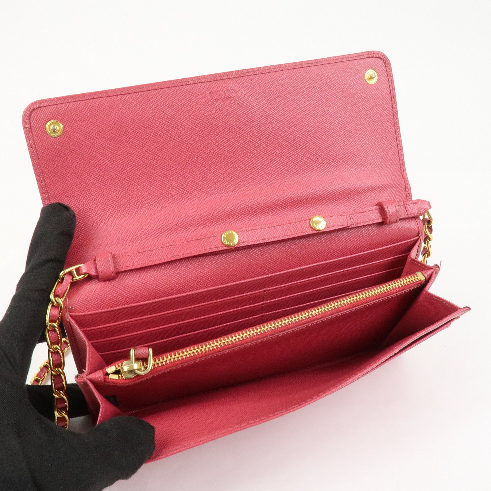 PRADA Logo Saffiano Leather WOC Chain Long Wallet Pink 1M1290