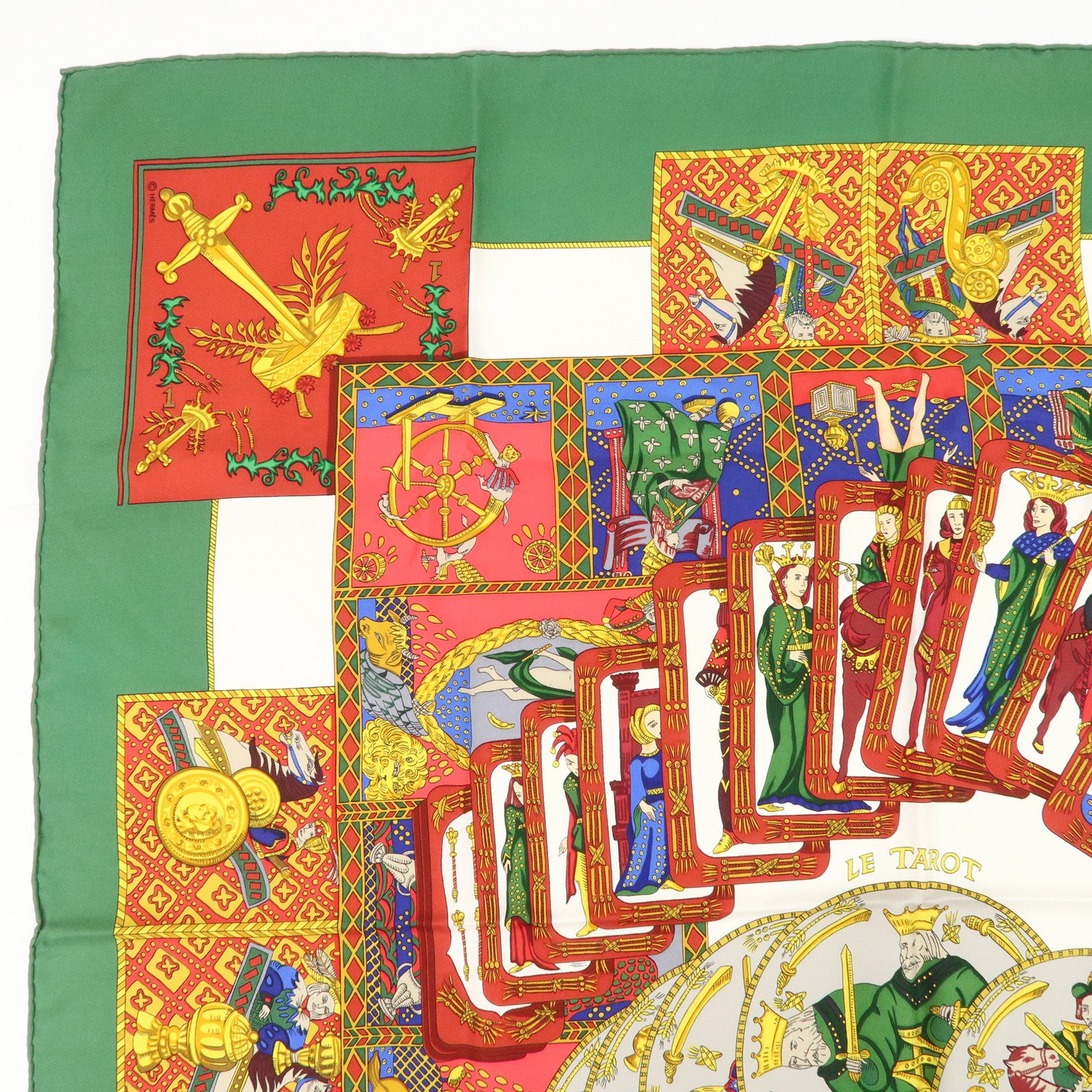 HERMES Carre 90 Silk 100% Scarf LE TAROT Green Multi Color