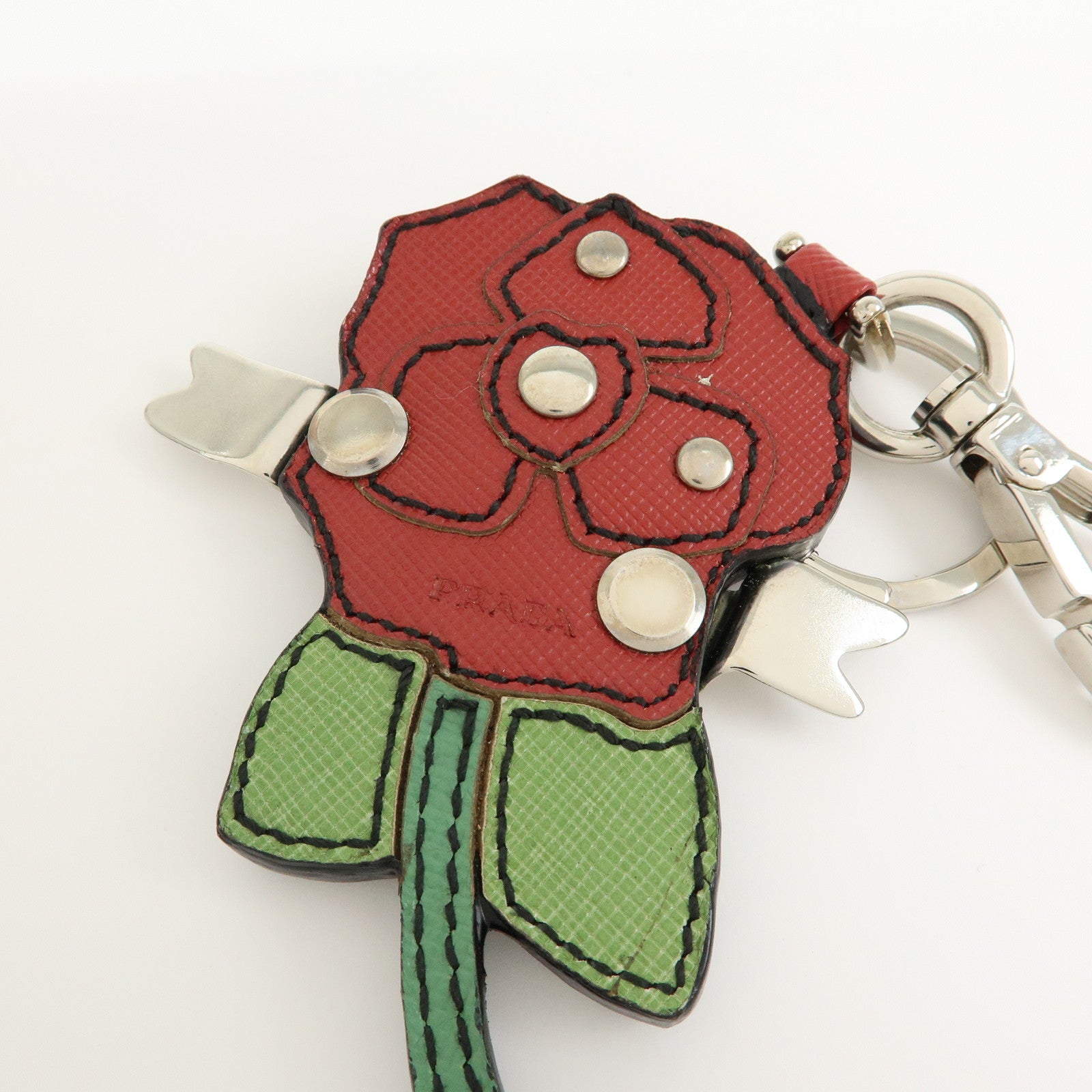 PRADA Saffiano Leather Rose Motif Bag Charm Key Holder Red 1AR290