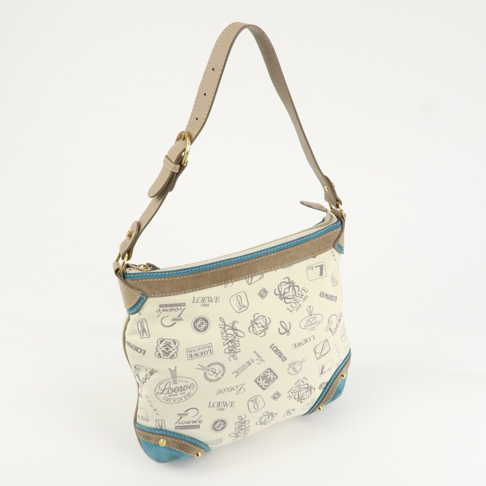LOEWE Anagram Canvas Suede Leather Shoulder Bag Beige Blue Used