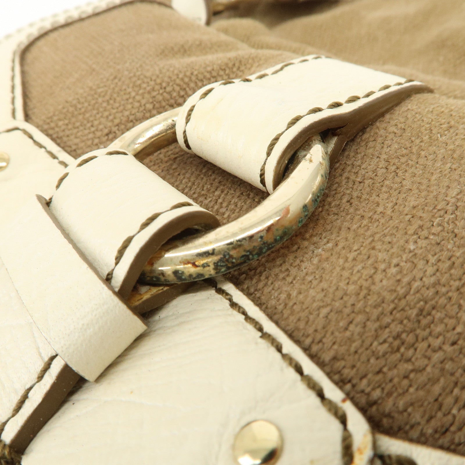 CELINE Logo Canvas Leather Tote Bag Shoulder Bag Brown Ivory
