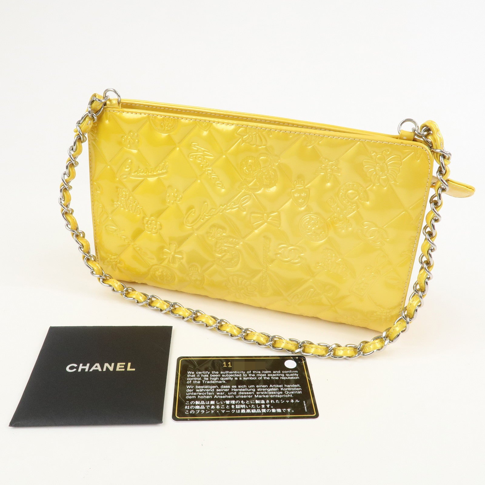 CHANEL Icon Line Patent Leather Chain Shoulder Bag Yellow A37156