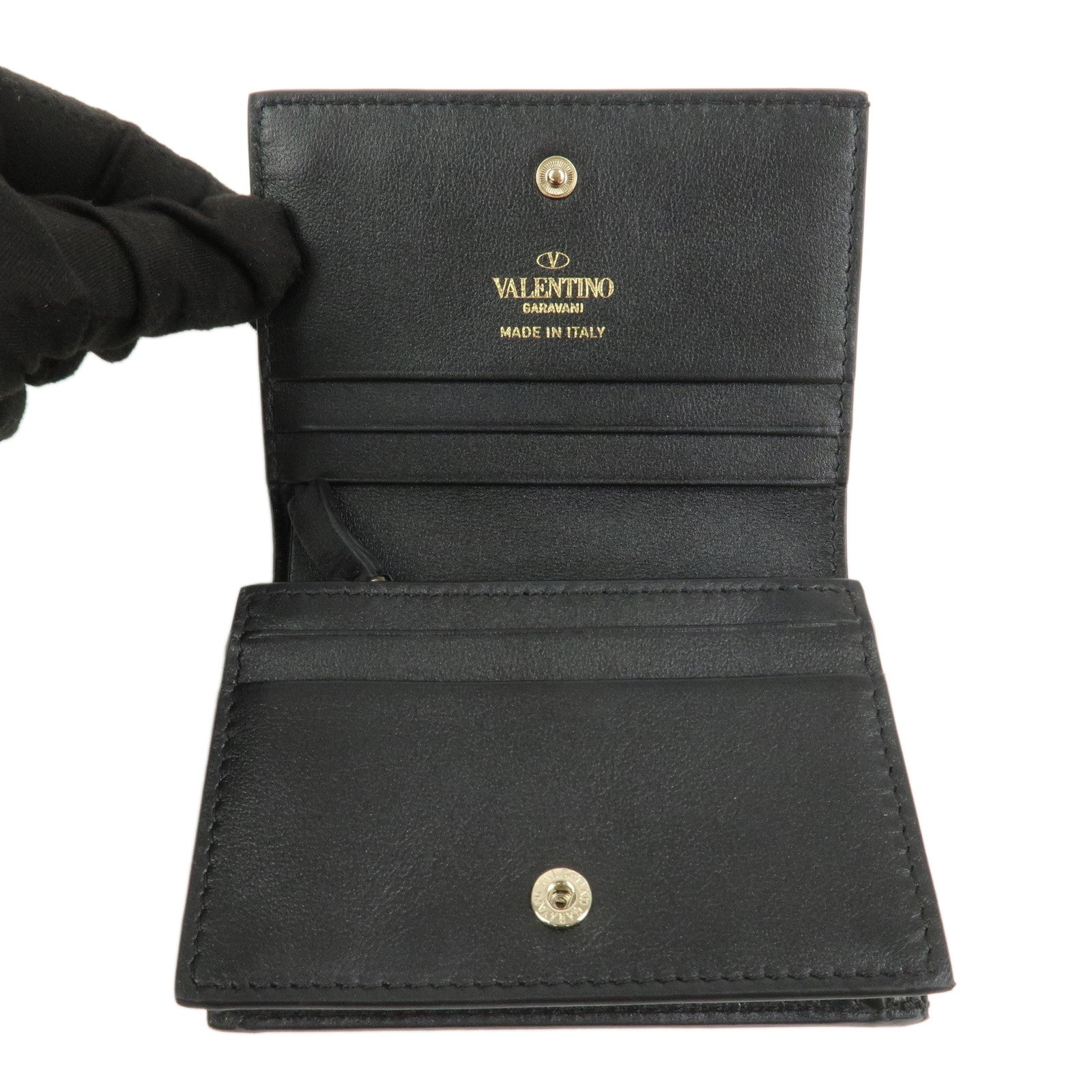 VALENTINO Leather Studs Compact Bi-Fold Wallet Black Gold
