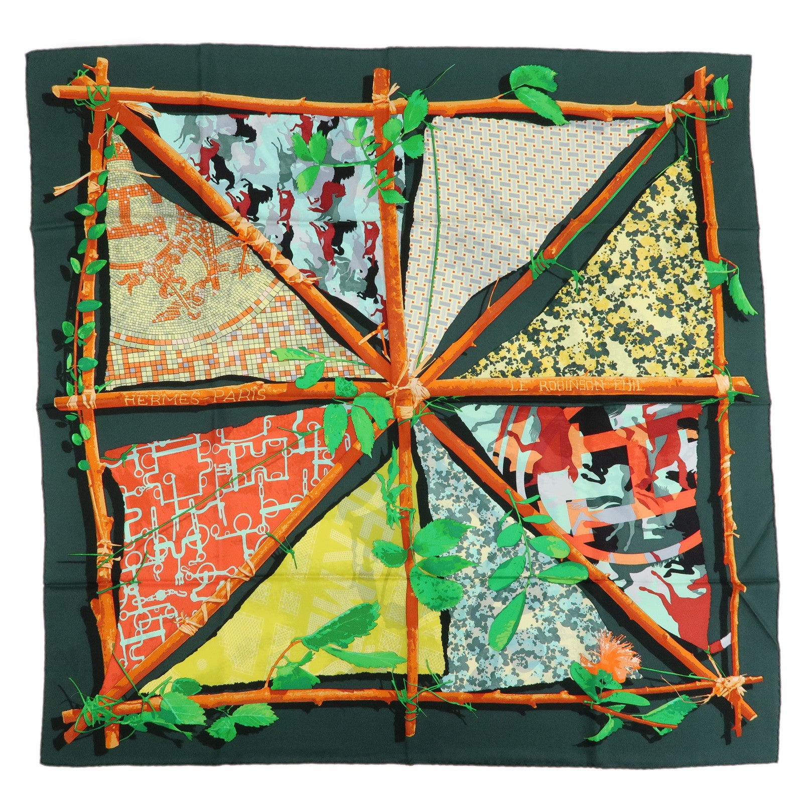 HERMES Carre 90 Silk 100% Scarf LE ROBINSON CHIC Green Brown