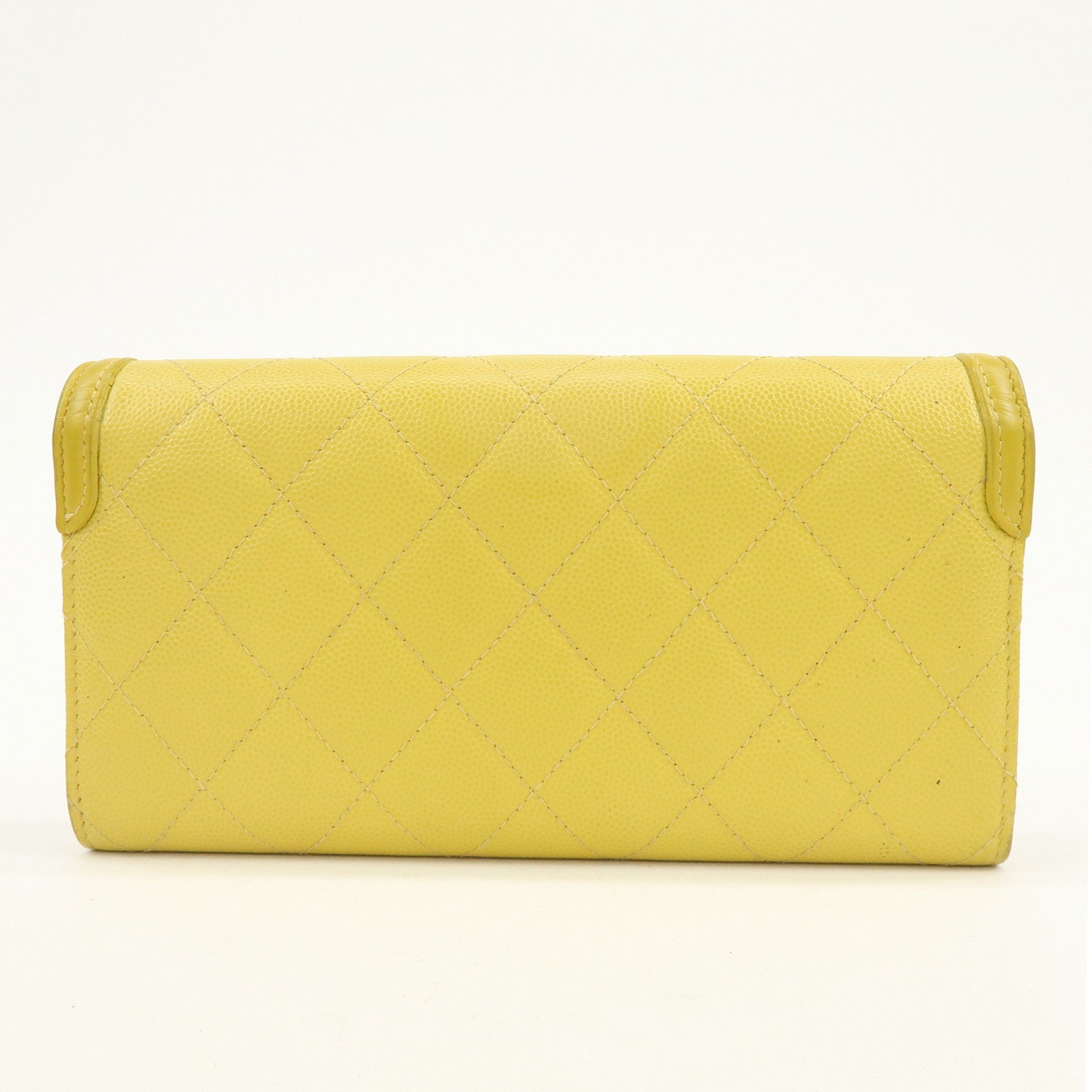 CHANEL CC Filigree Caviarskin Leather Long Wallet Yellow A84448