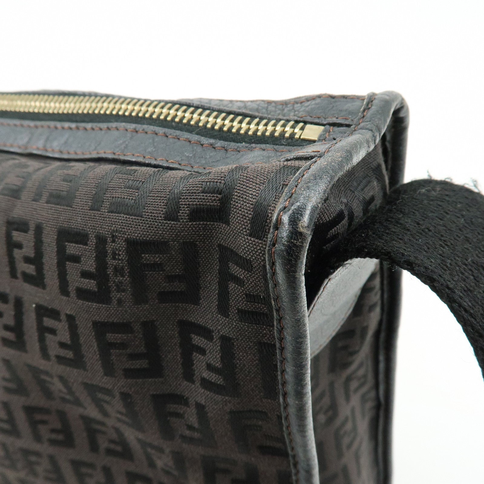 FENDI Zucchino Canvas Leather Shoulder Bag Dark Brown 8BT090