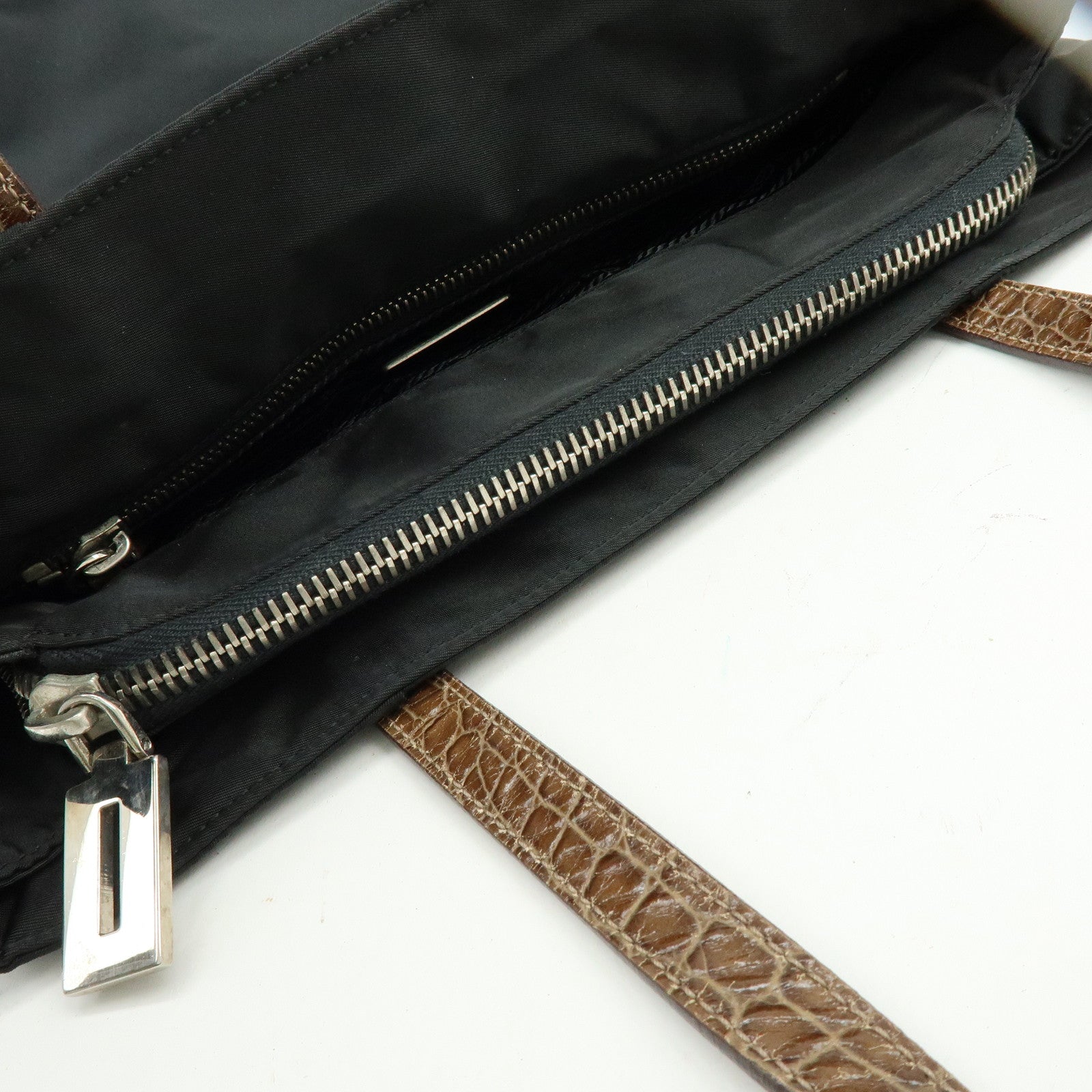 PRADA Triangle Logo Nylon Embossed Leather Tote Bag Black Brown