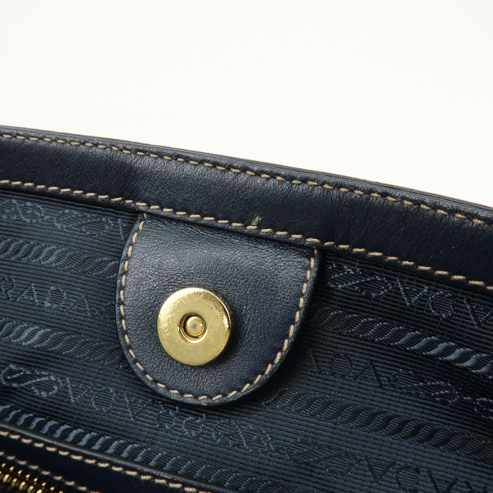 PRADA Logo Jacquard Leather Tote Bag Hand Bag Beige Navy