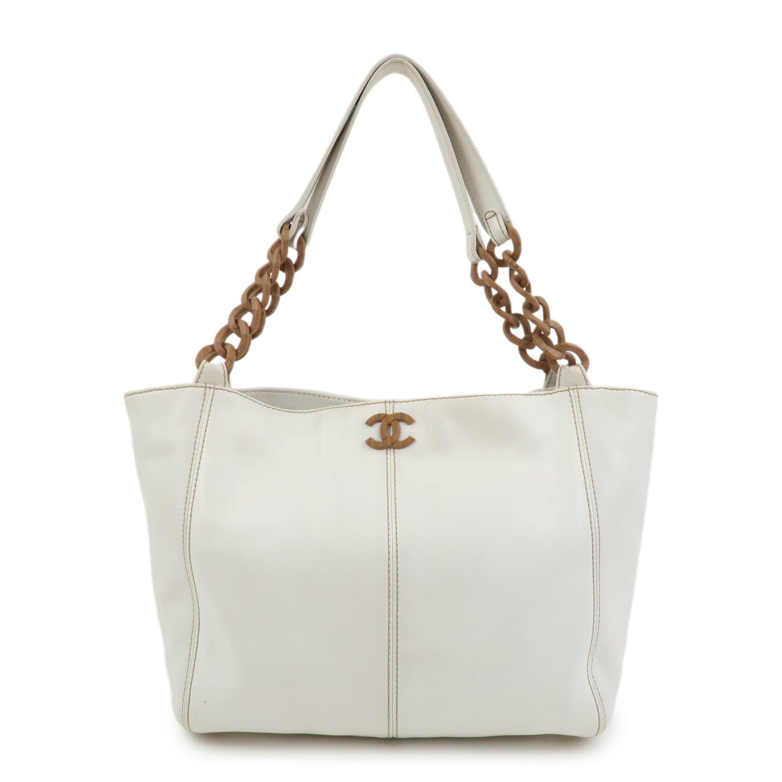 CHANEL COCO Mark Leather Wood Chain Shoulder Bag Off White 18MB096