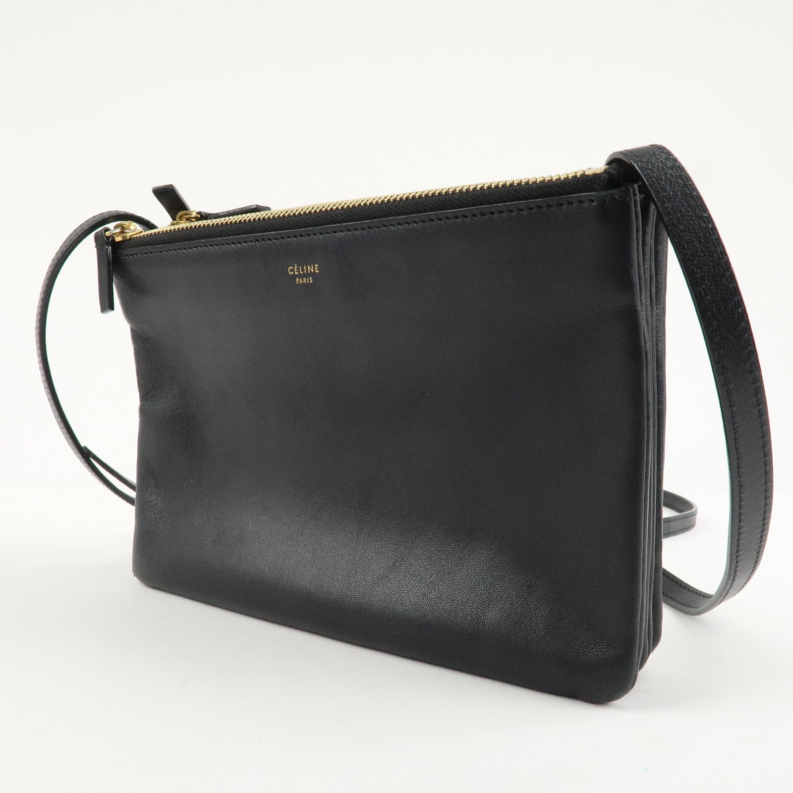 CELINE Trio Leather Shoulder Bag Black Gold Hardware Used