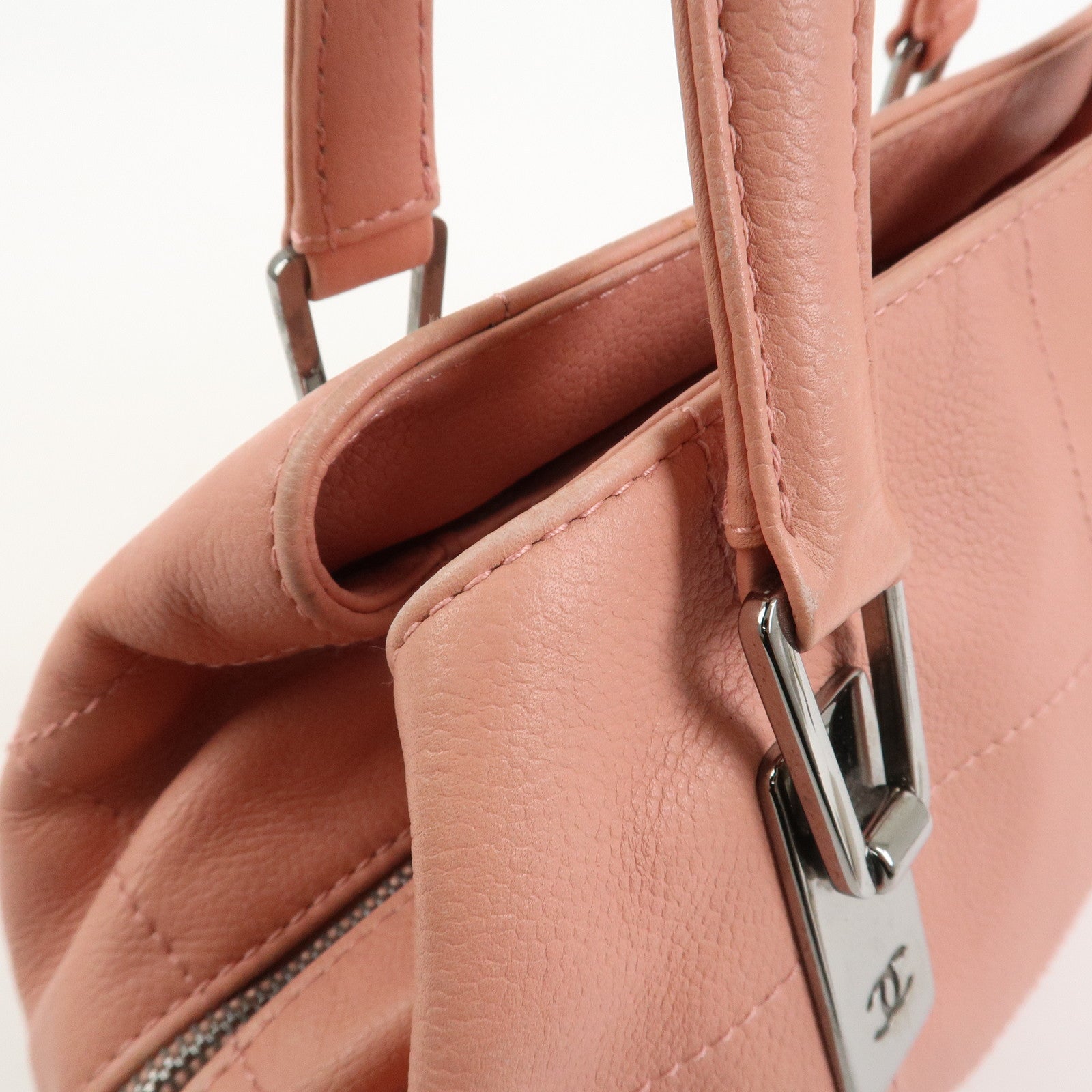 CHANEL Chocolate Bar Calf Leather Boston Bag Hand Bag Pink