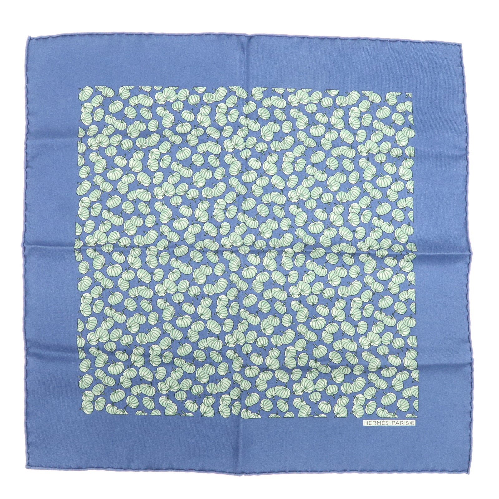 HERMES Logo Silk 100% Scarf 42×42 Pumpkin Blue Green