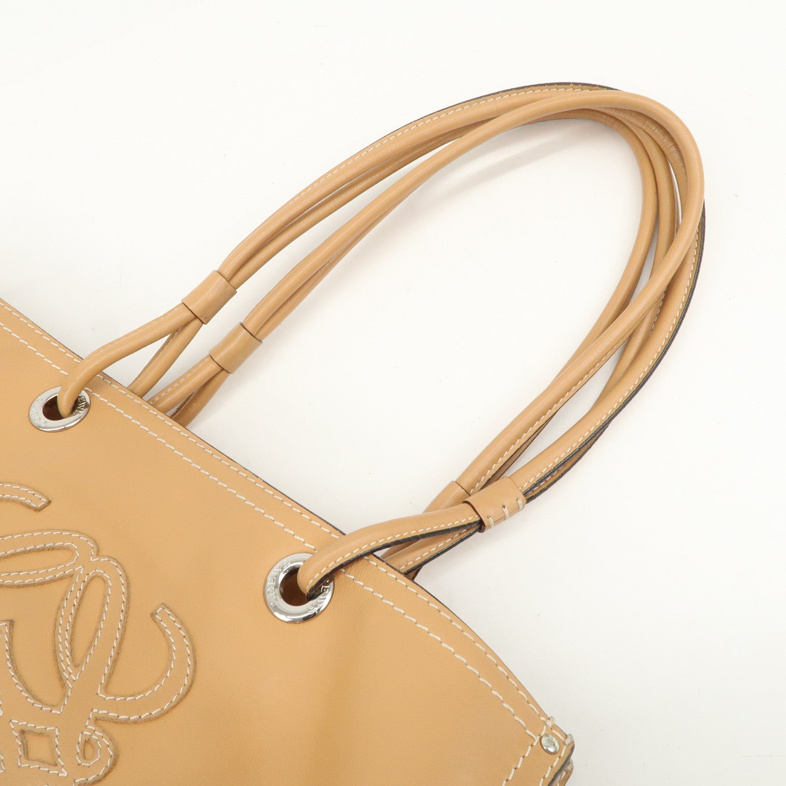 LOEWE Anagram Logo Leather Shopper Tote Bag Shouder Bag Light Brown