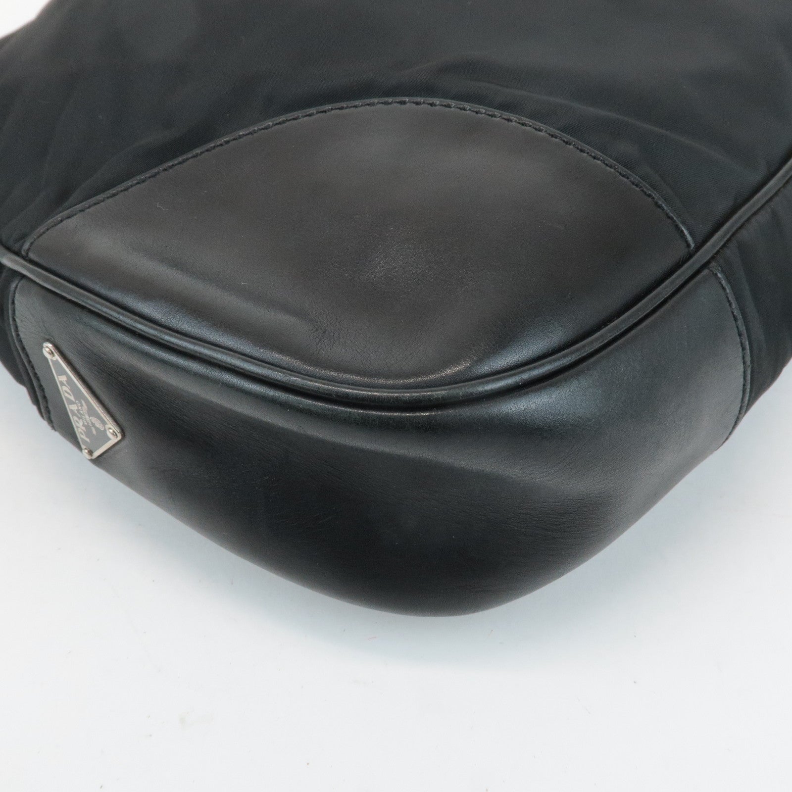 PRADA Triangle Logo Leather Nylon Shoulder Bag Black