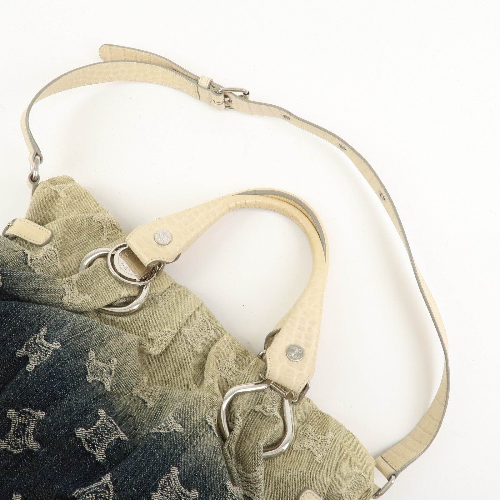 CELINE Macadam Denim Embossed Leather 2WAY Bag Hand Bag Blue Ivory